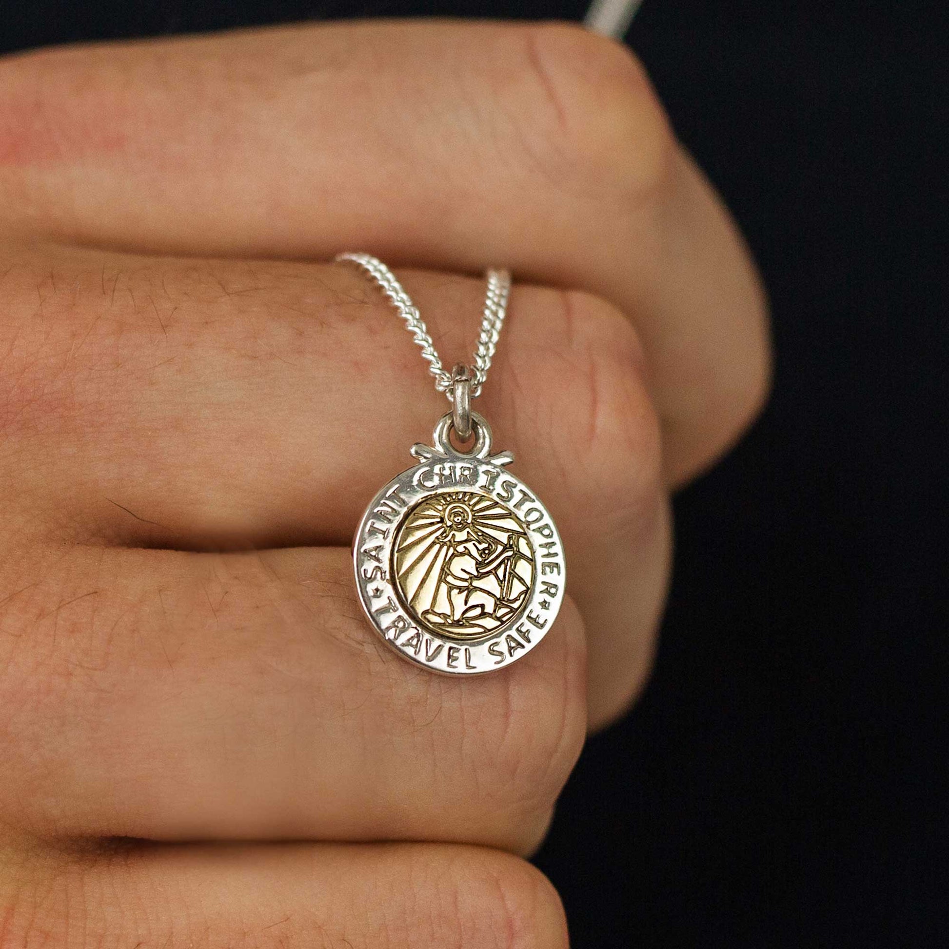 unusual silver and gold mixed metal saint christopher travel safe gift for hiim son daughter