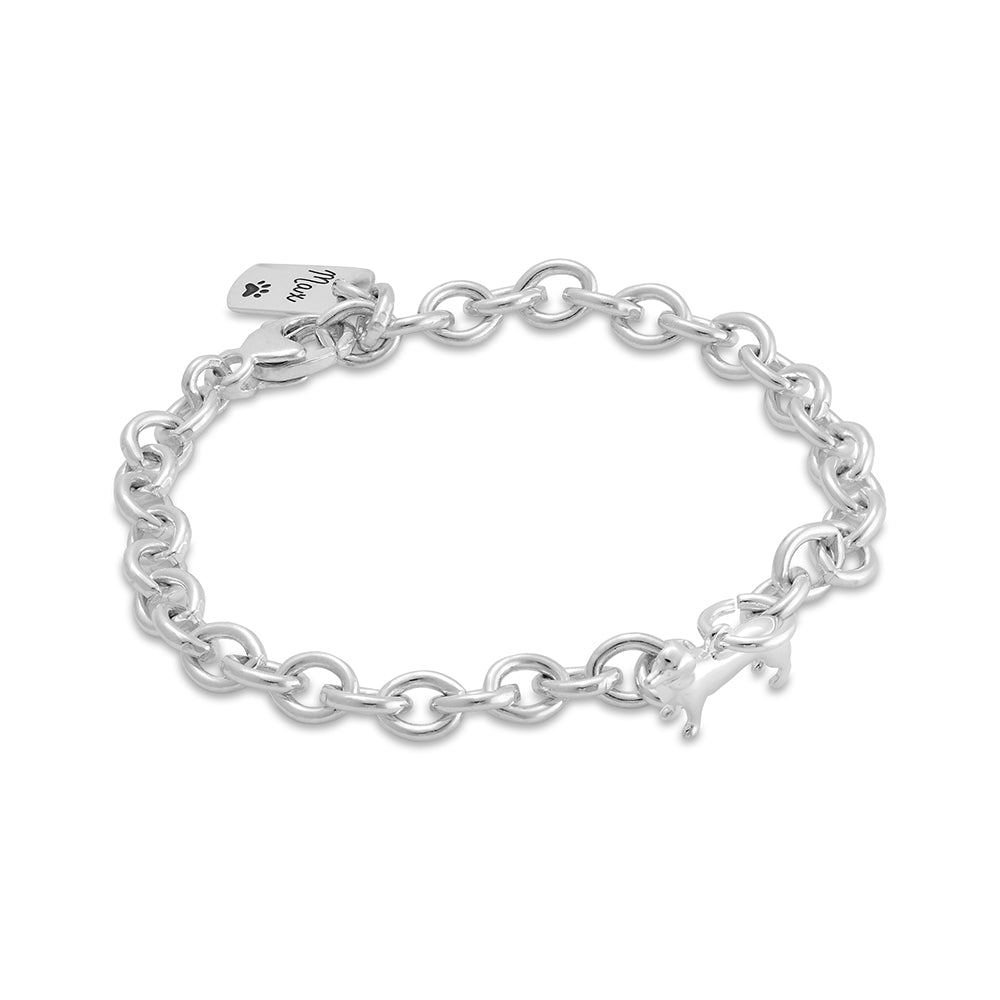 dachshund silver charm bracelet with personalised engraved dog tag scarlett jewellery