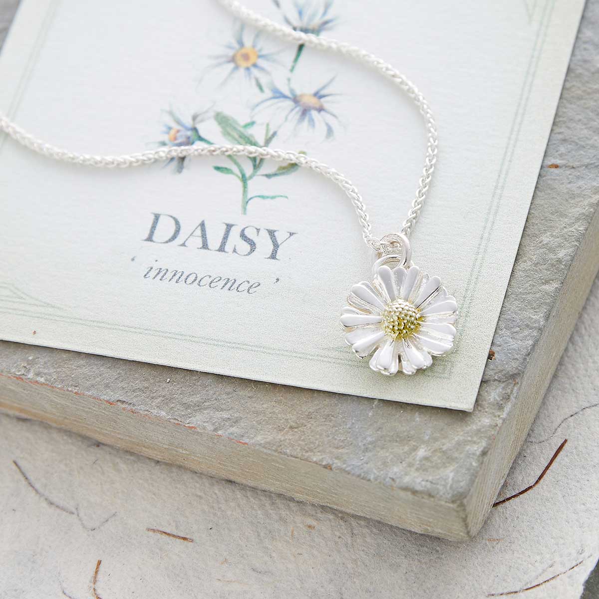 Daisy flower silver and gold necklace RHS chelsea flower show scarlett jewellery