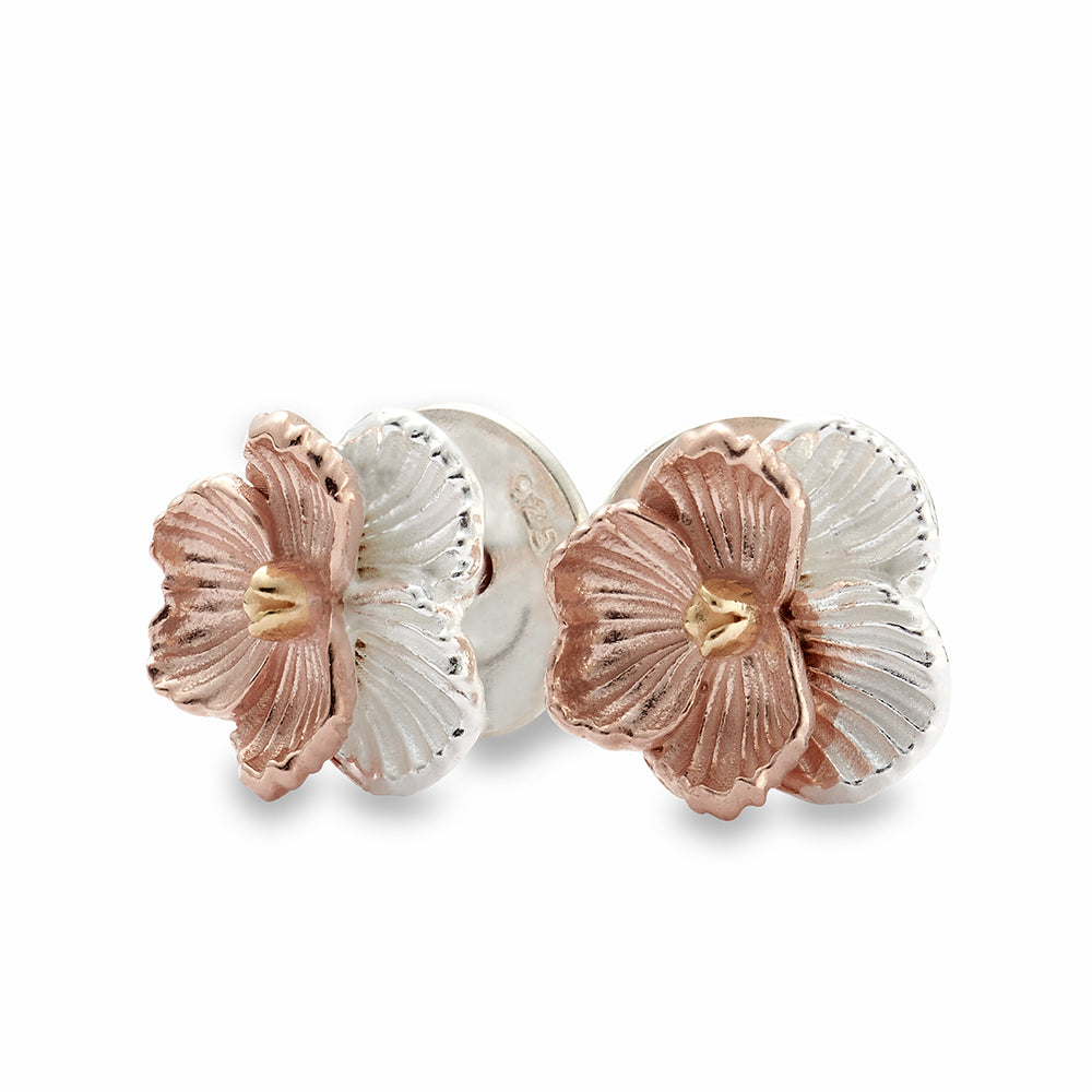 violet flower silver & rose gold stud earrings scarlett jewellery