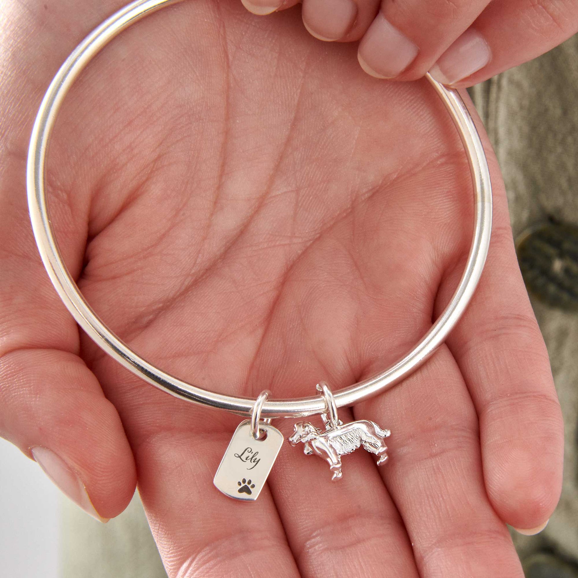 personalised english cocker spaniel dog silver charm bangle sterling silver made in UK Scarlett Jewellery