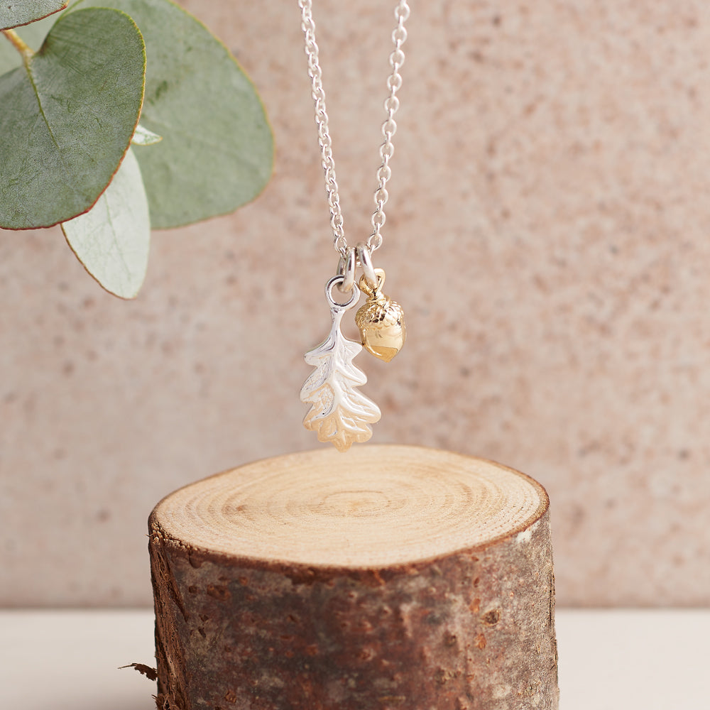 Little Acorn and oak leaf Solid Silver Tiny Necklace Designer Scarlett Jewellery