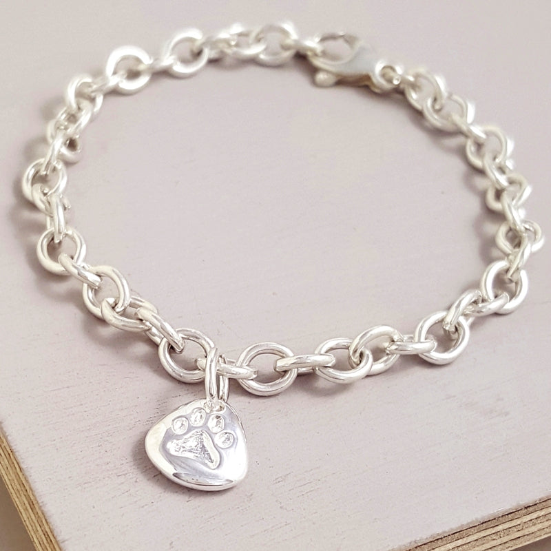 Pet Paw Print Personalised Silver Charm Bracelet Engraved Pets Name