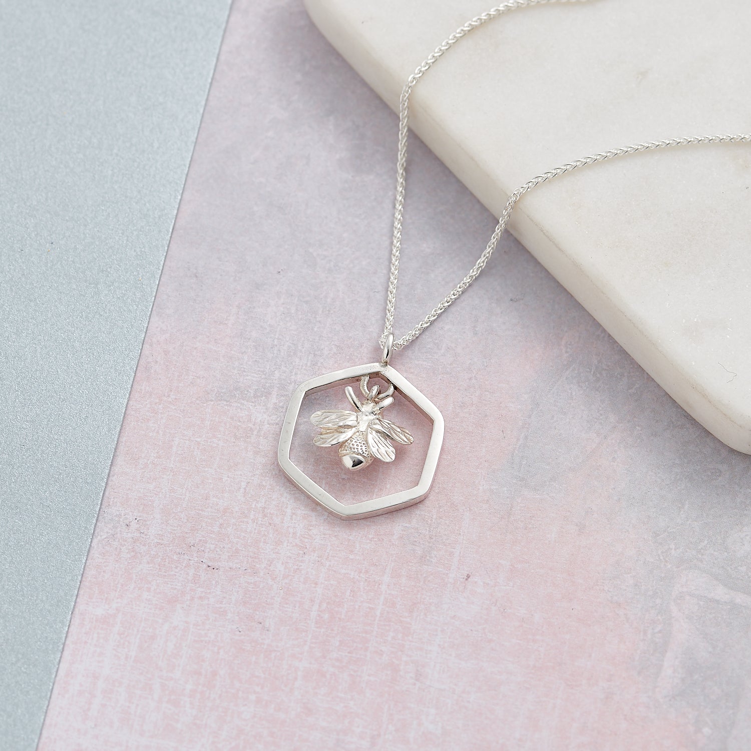 honey bee solid sterling silver honeycomb hexagon necklace scarlett jewellery