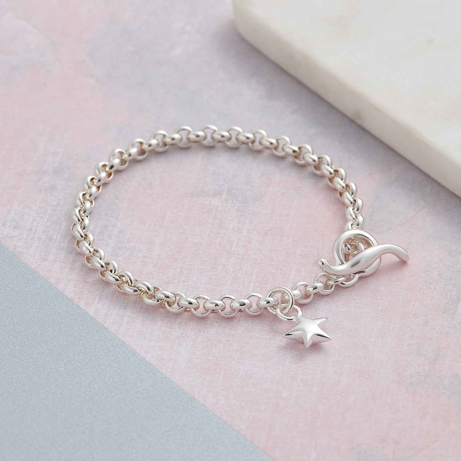 Classic vintage style solid silver charm bracelet belcher chain with star Scarlett Jewellery
