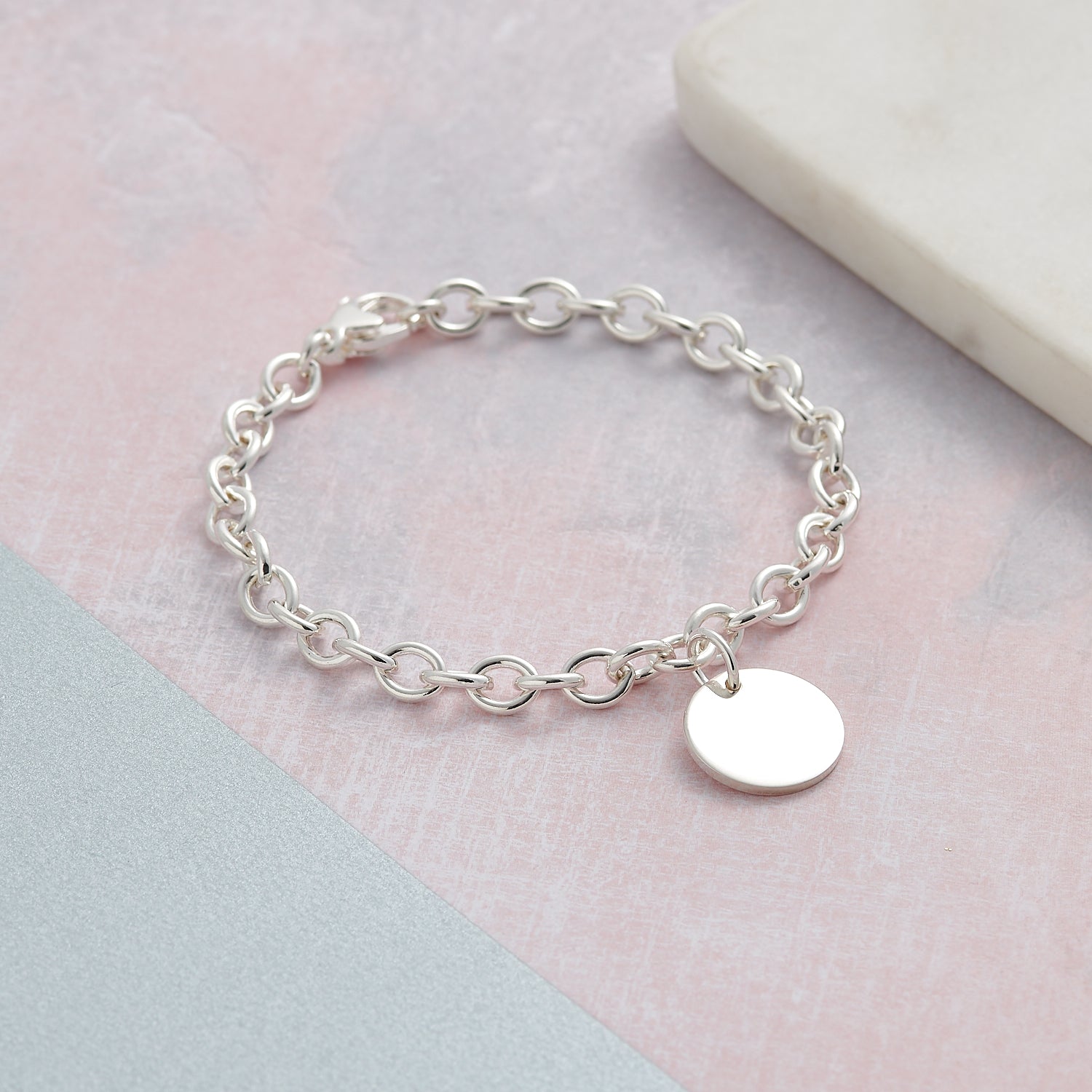 Solid sterling silver disc tag charm bracelet designer Scarlett Jewellery