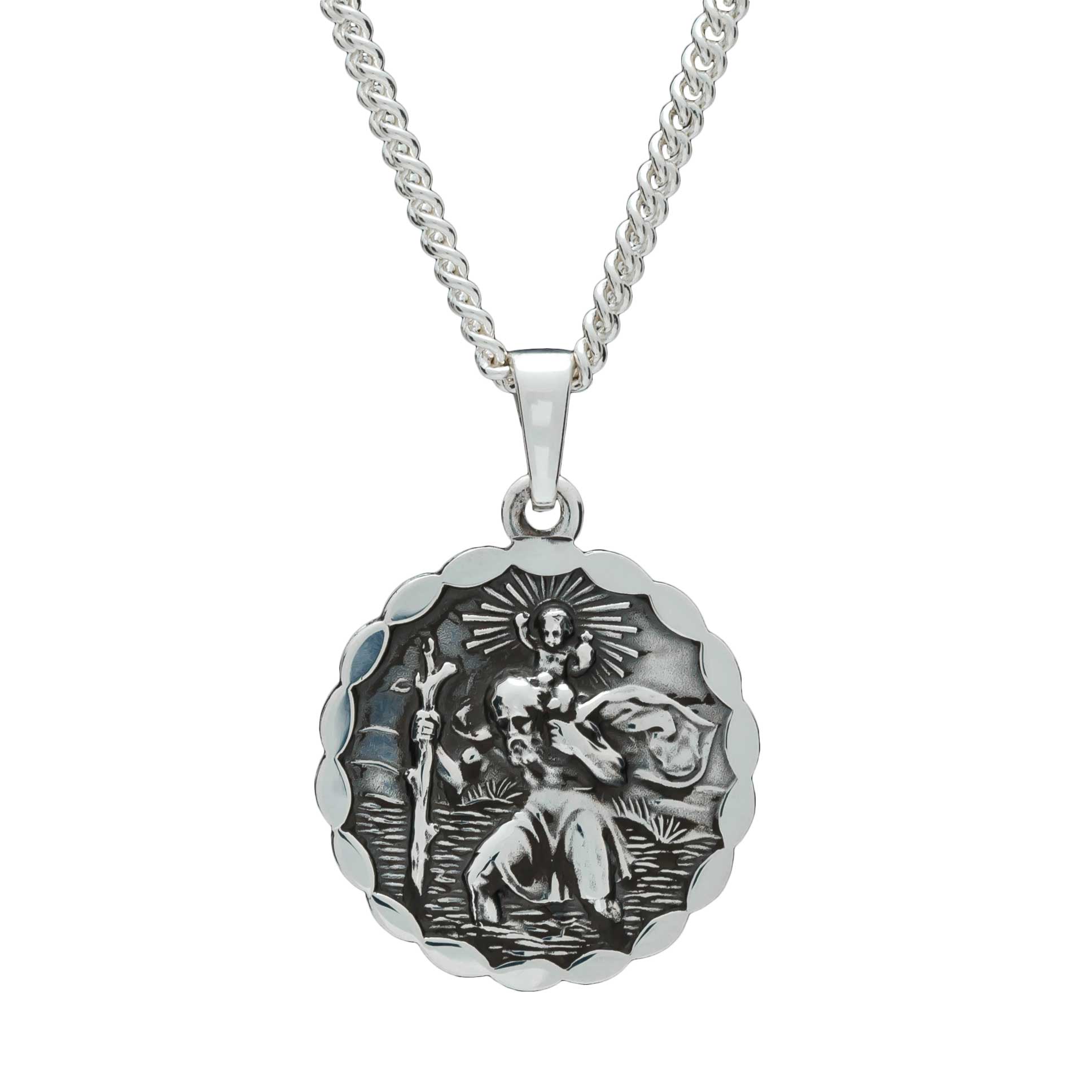 Saint Christopher Ellipse Border Pendant - Silver St Christopher Mens Necklace