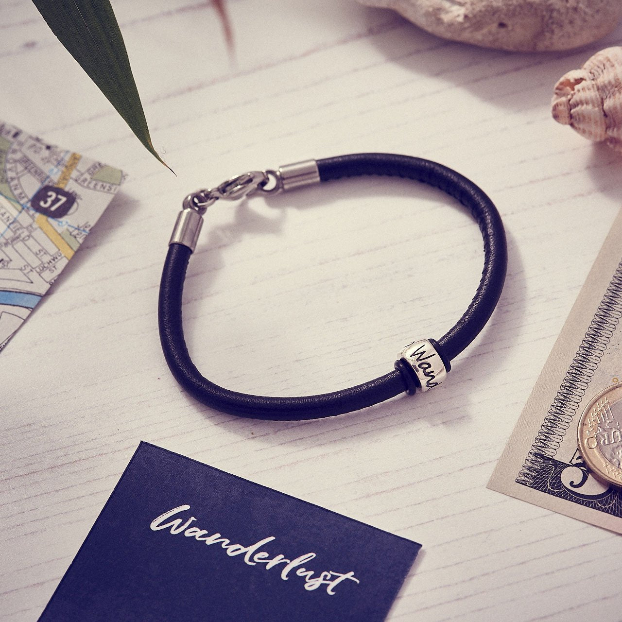 Mens blue leather bracelet with silver wanderlust charm bead unusual travel gift