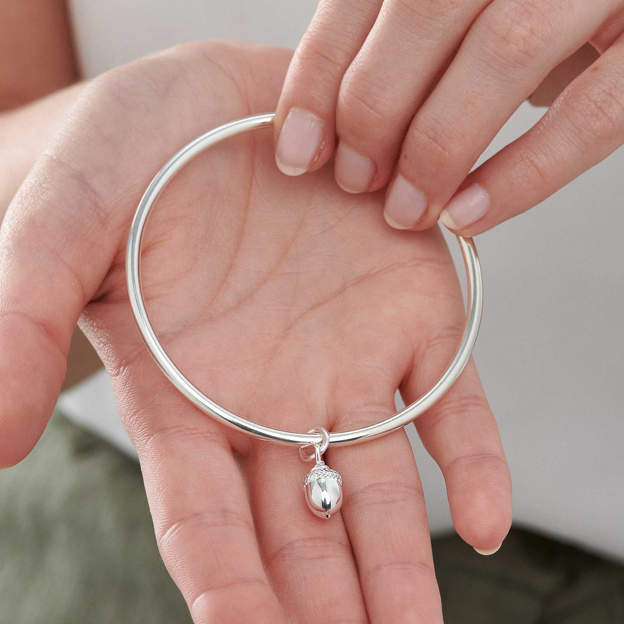Solid Silver Acorn Charm Bangle - Nature-Inspired Jewellery