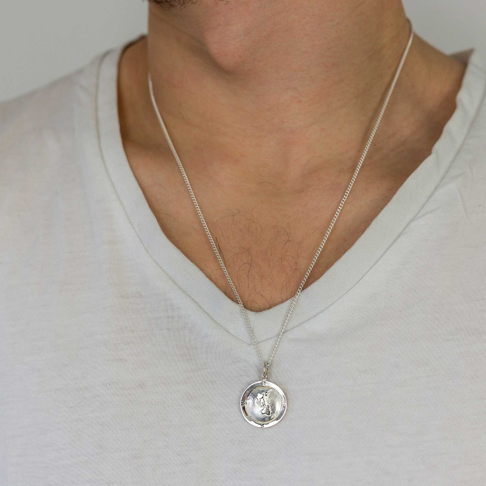 asia australia map globe pendant necklace solid silver mans travel gift emigration