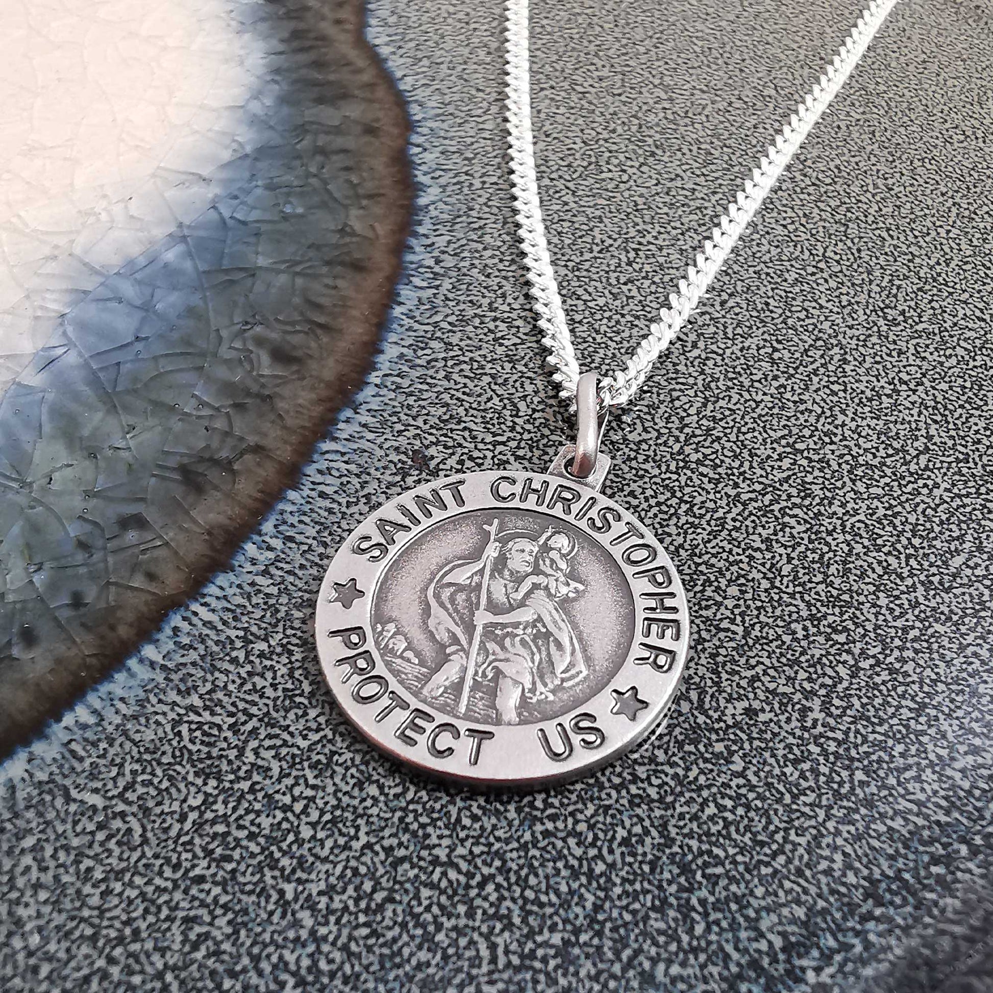 saint christopher protect us silver necklace vintage oxidised