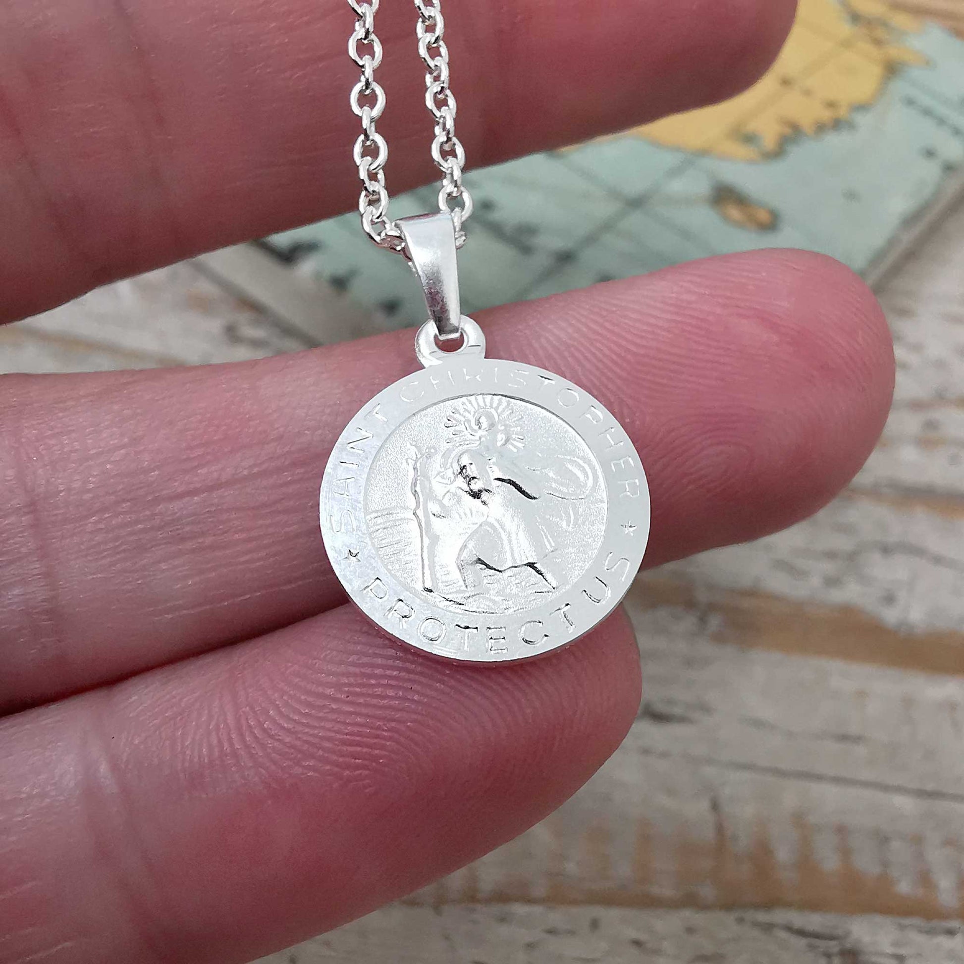 brushed silver small saint christopher necklace with engraving on the back