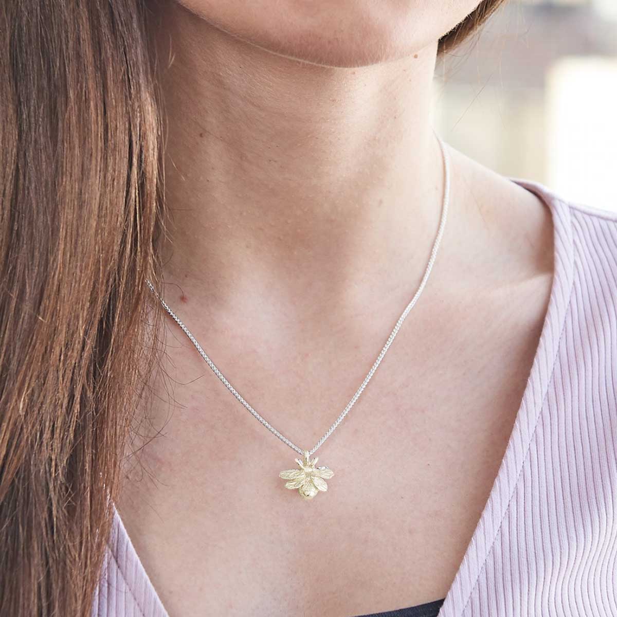Solid gold and silver bumble bee necklace recycled gold designer Scarlett Jewellery