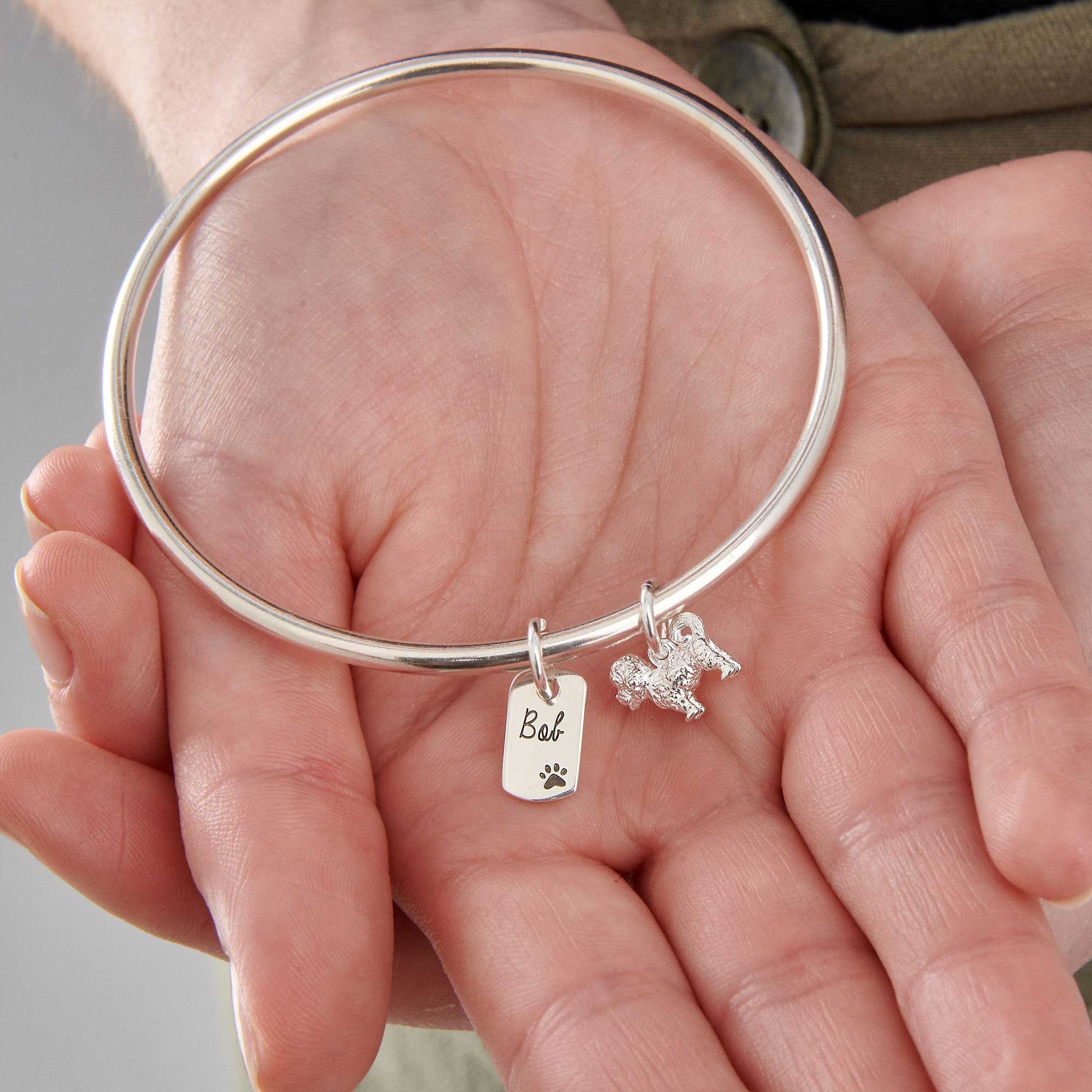 personalised cavapoo silver charm bangle sterling silver made in UK Scarlett Jewellery