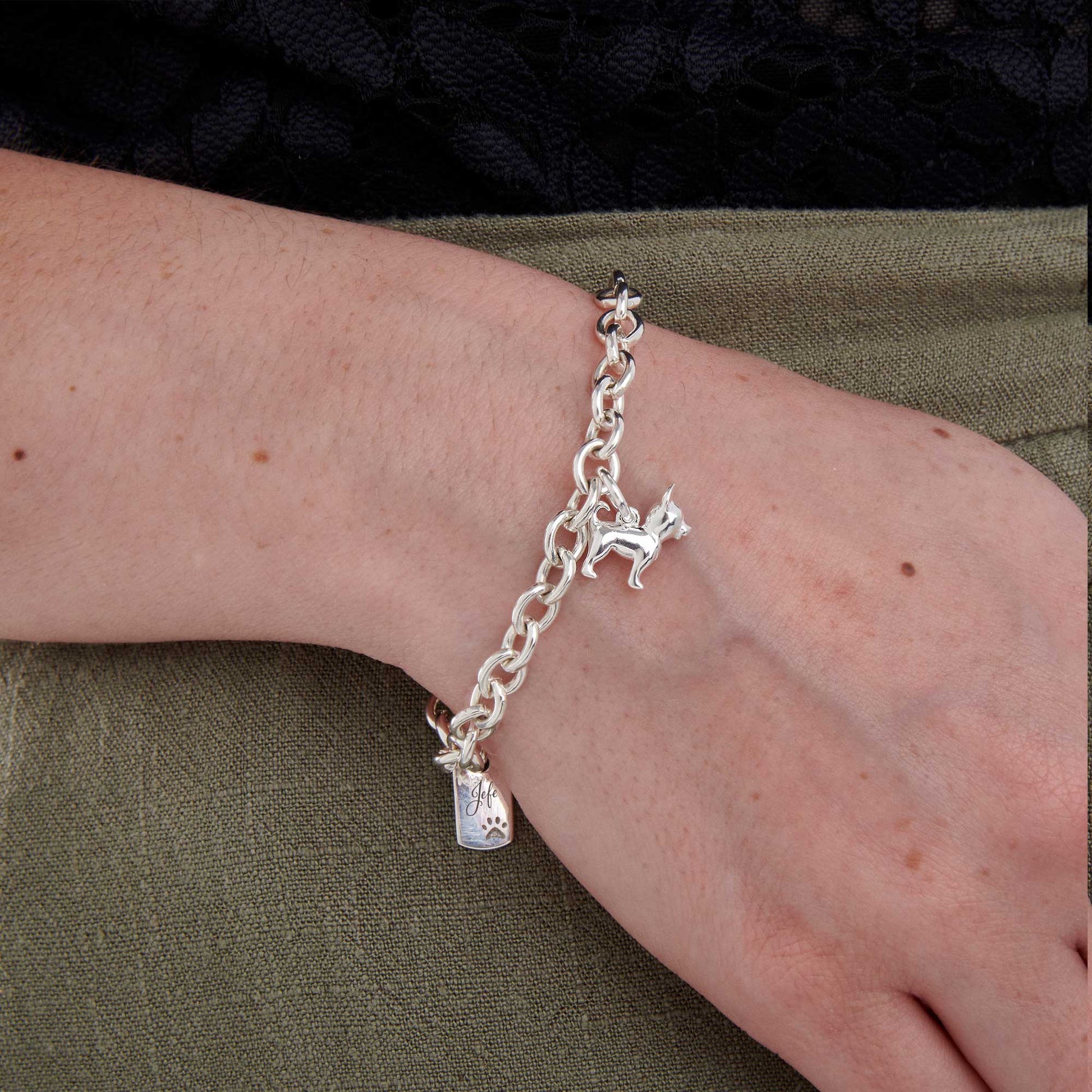 chihuahua silver charm bracelet with personalised engraved dog tag scarlett jewellery