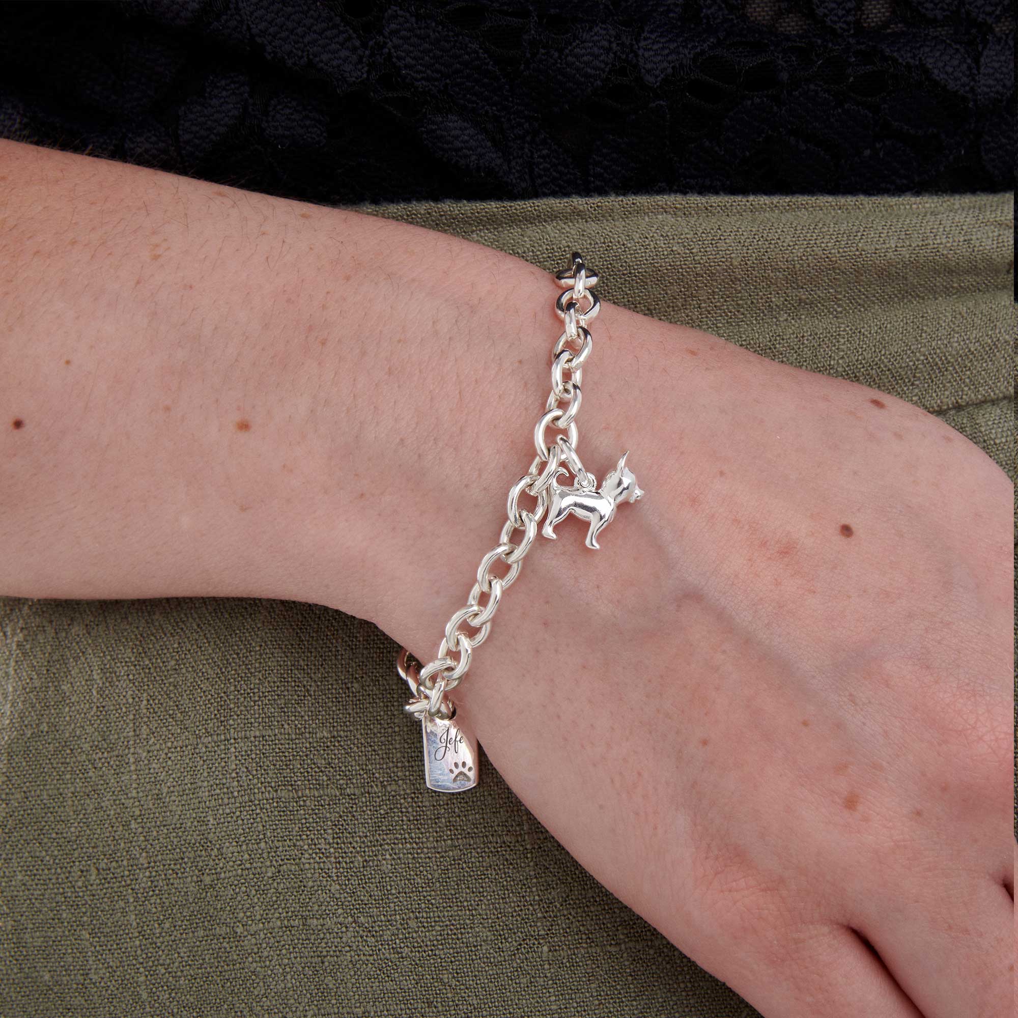 chihuahua silver charm bracelet with personalised engraved dog tag scarlett jewellery