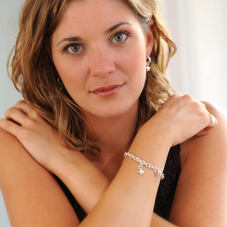 Star classic heavy silver charm bracelet with t-bar Scarlett Jewellery vintage 90s style