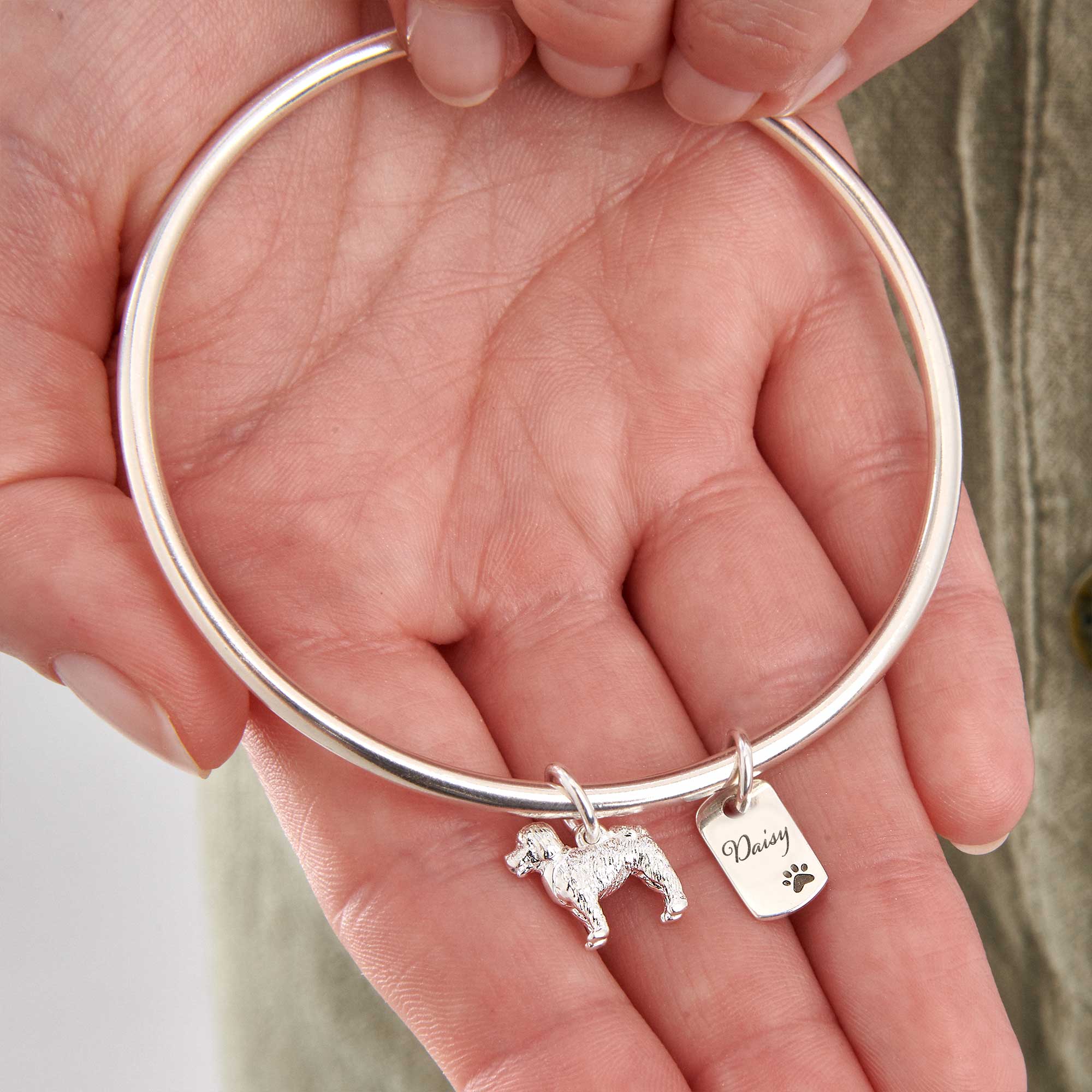 personalised cockapoo silver charm bangle sterling silver made in UK Scarlett Jewellery