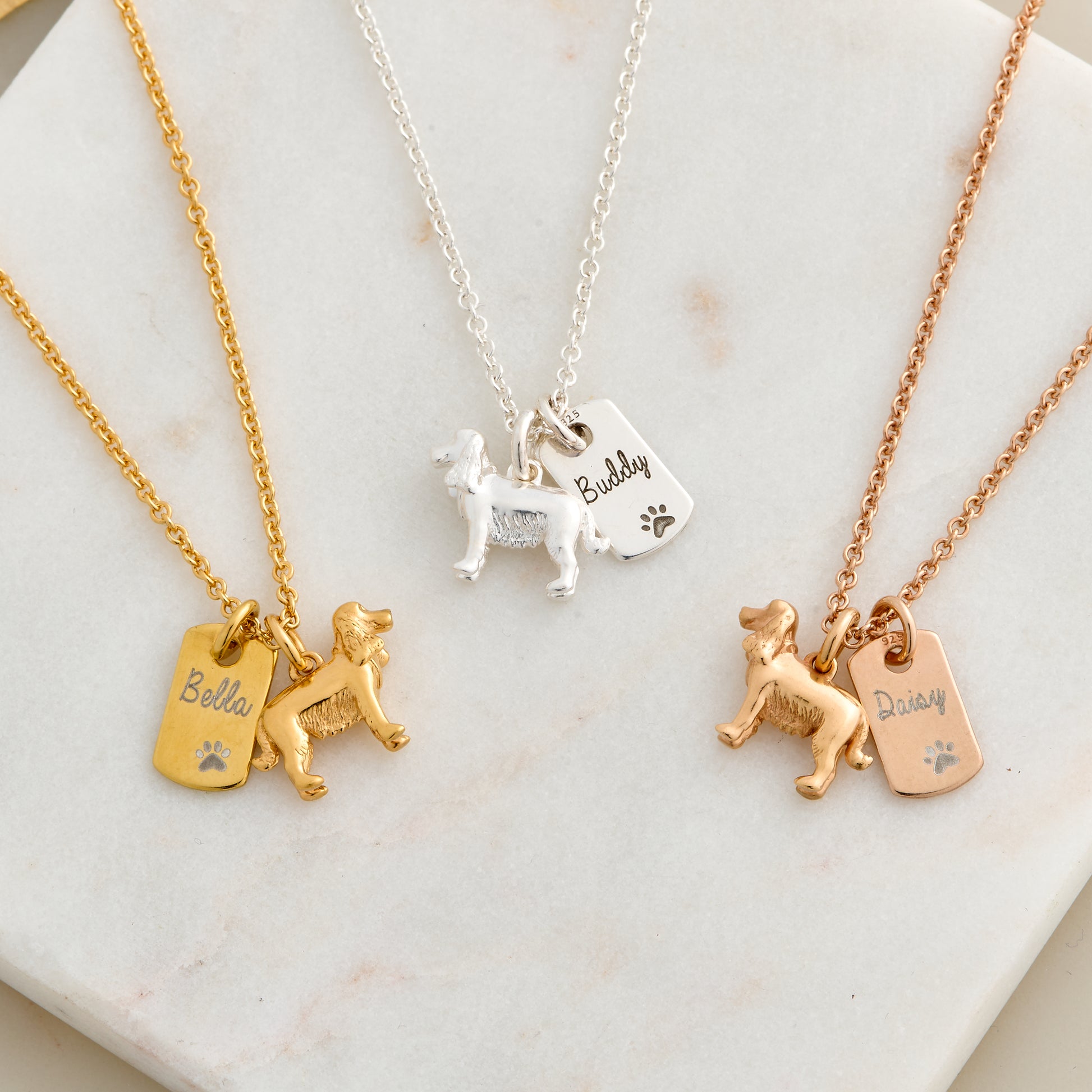 silver gold rose gold cocker spaniel necklace engraved with name gift for new pet from the dog
