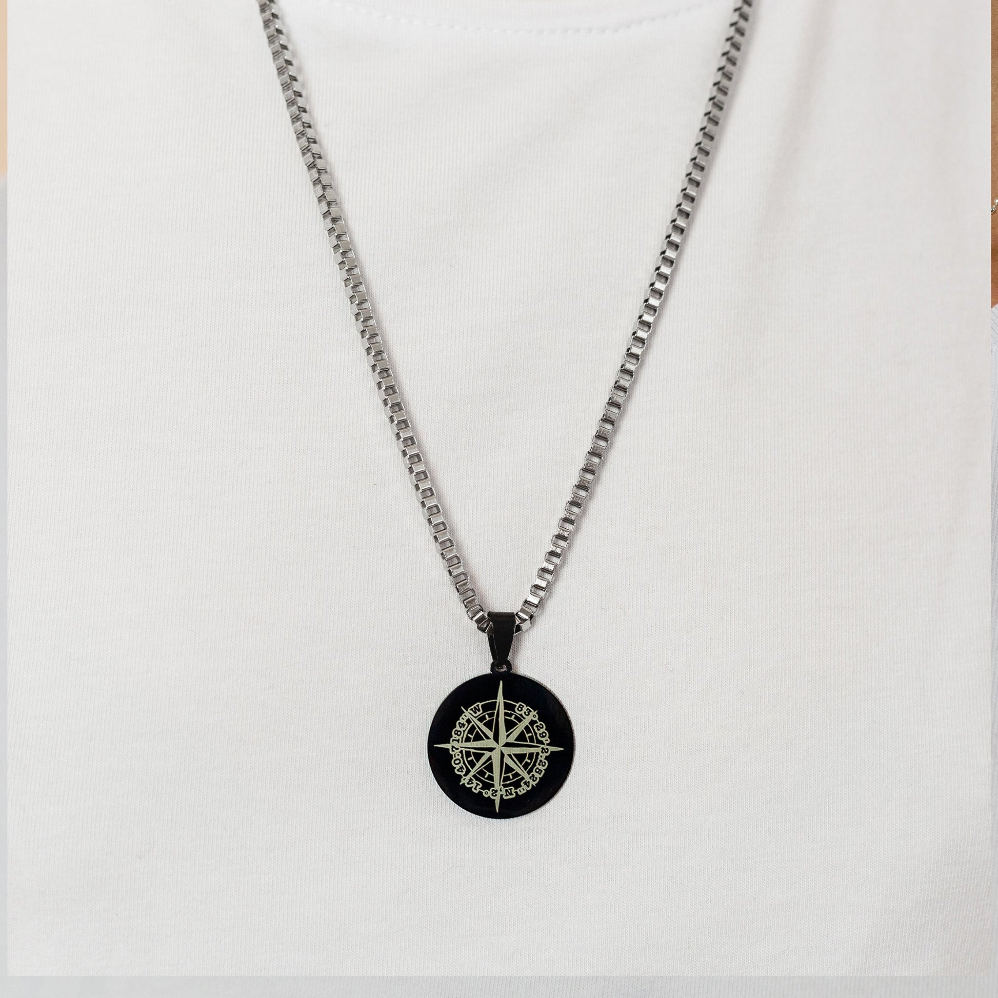 black steel custom location compass necklace for men off the map jewellery