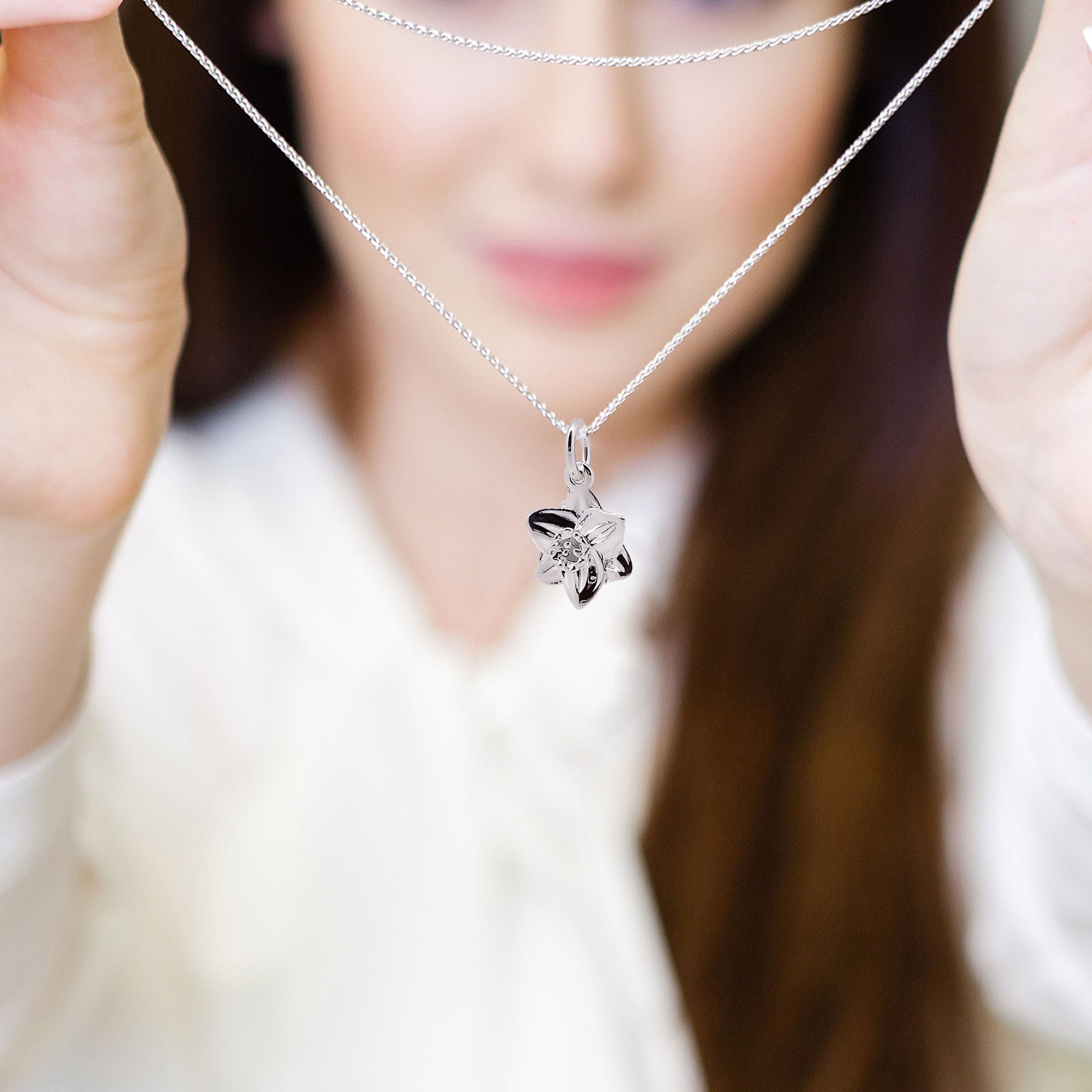 solid silver daffodil charm necklace flower pendant from Scarlett Jewellery Brighton UK