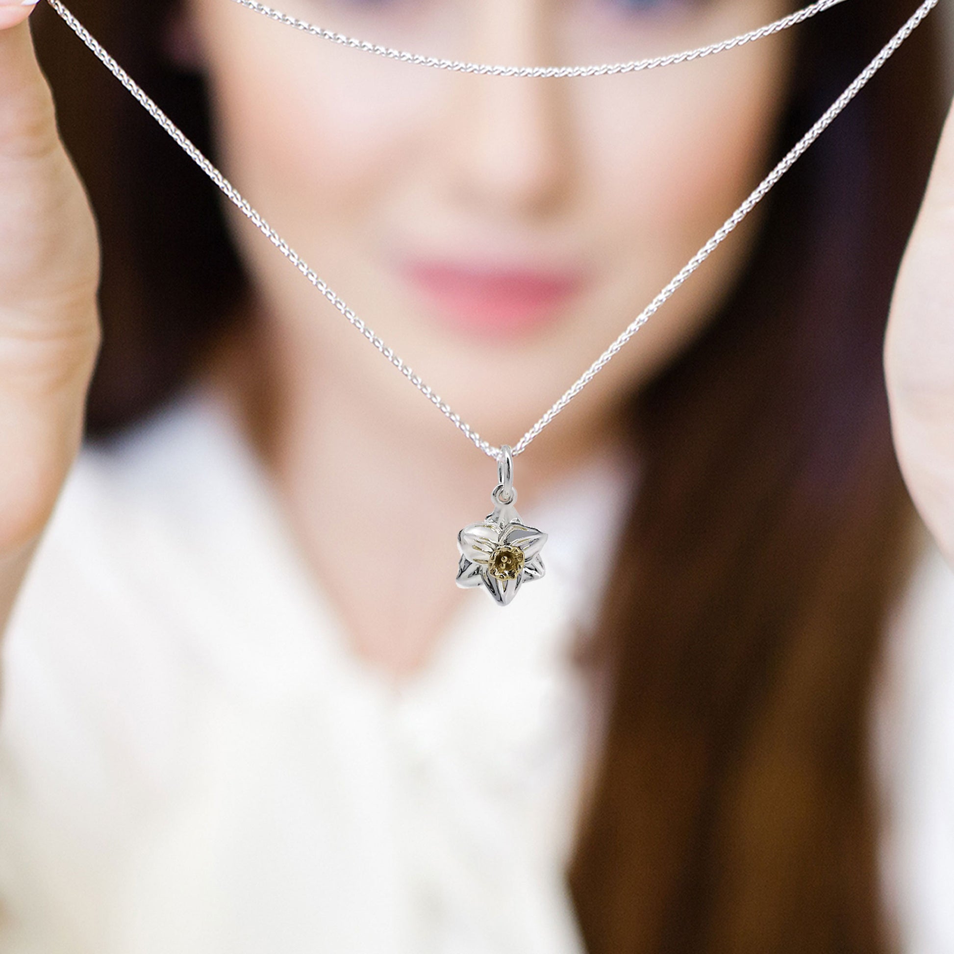 silver and solid gold necklace daffodil flower pendant