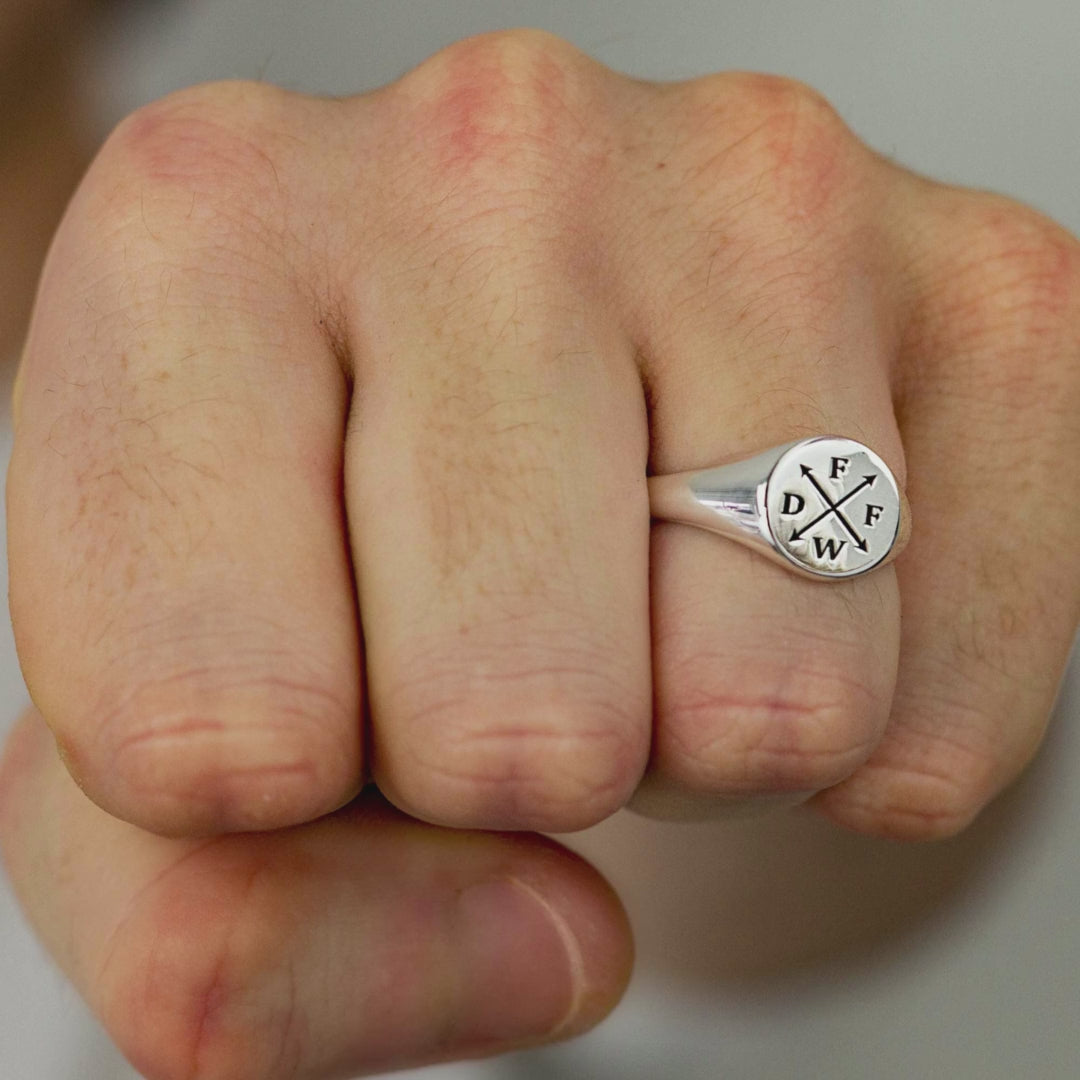 Load video: family initials personlised silver signet ring off the map scarlett jewellery