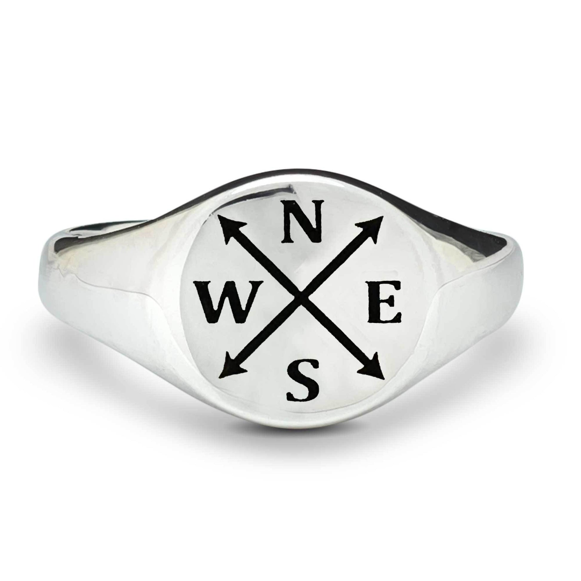 personalised silver Mens Signet Ring with intials and arrows nesw