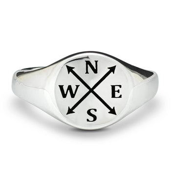 personalised silver Mens Signet Ring with intials and arrows nesw