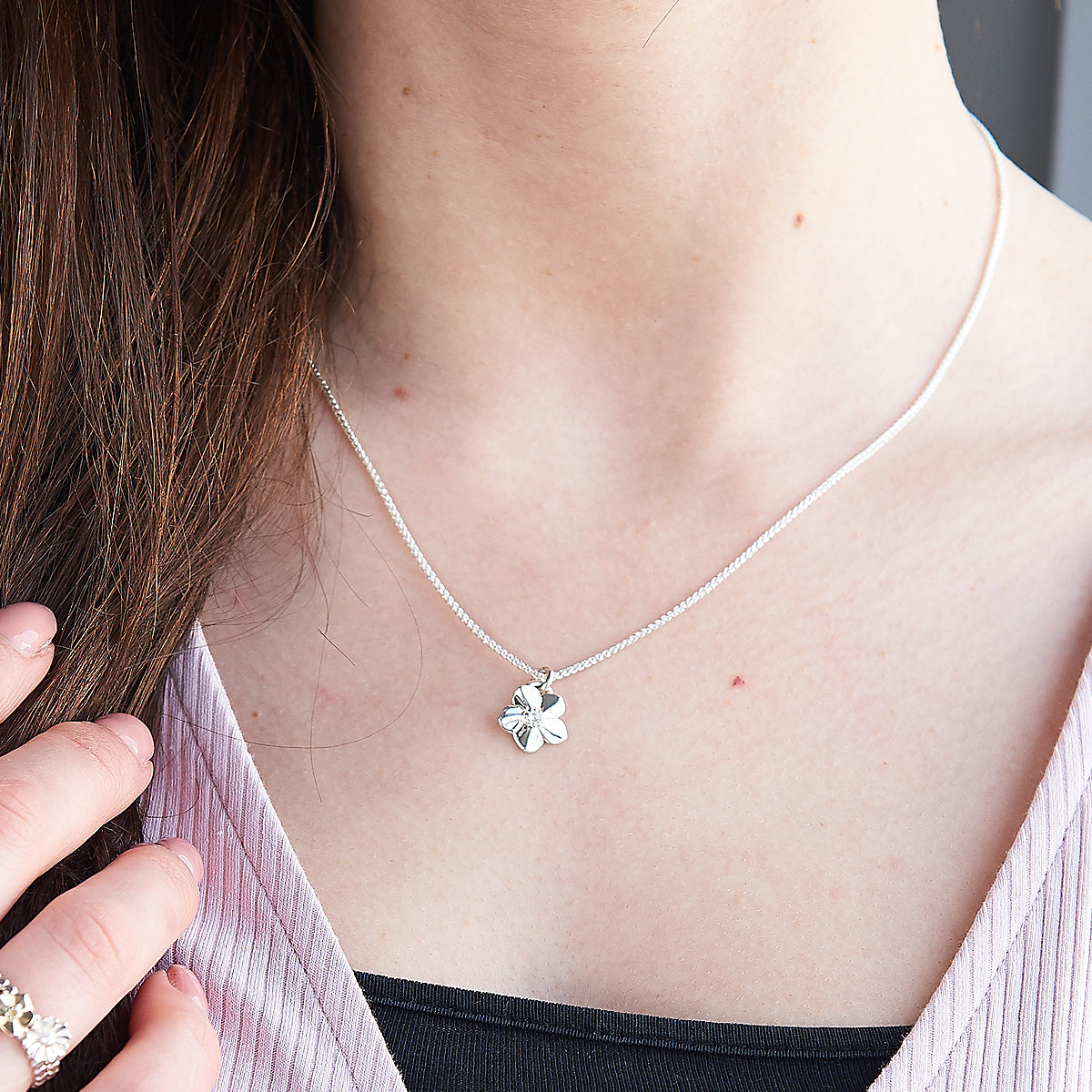 Silver forget-me-not flower necklace with heart on the back memorial gift slow fashion Chelsea Flower Show