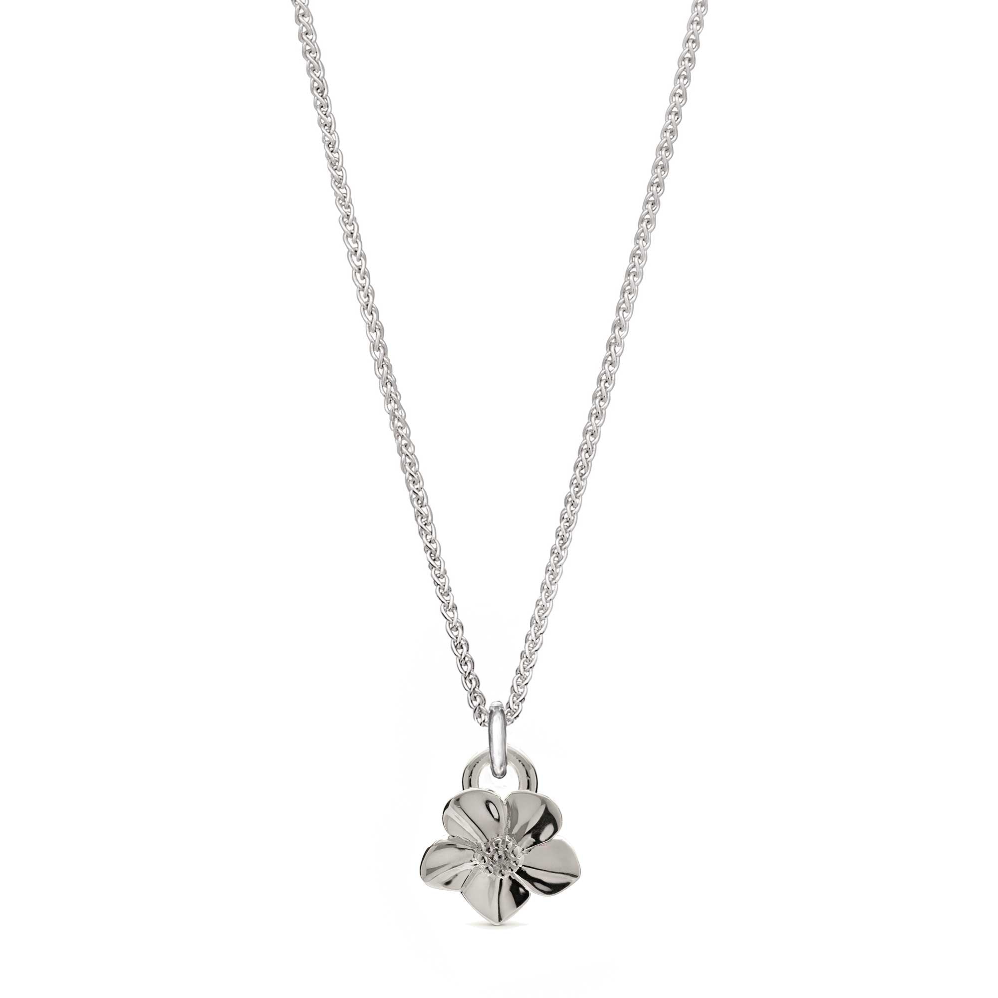 Silver forget-me-not flower necklace with heart on the back memorial gift slow fashion Chelsea Flower Show