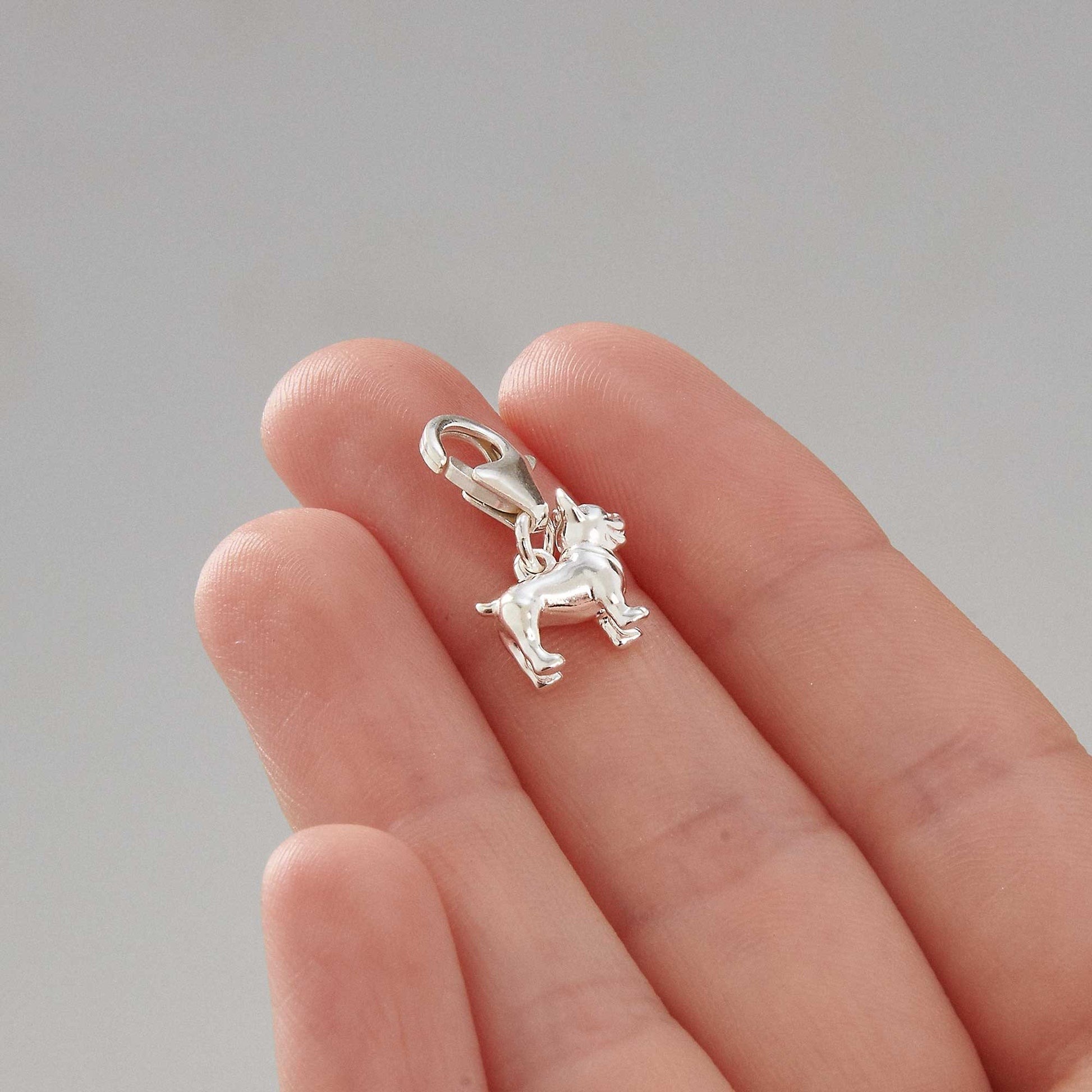 French Bulldog silver dog breed solid sterling silver dog charm with clip lobster catch Scarlett Jewellery Ltd