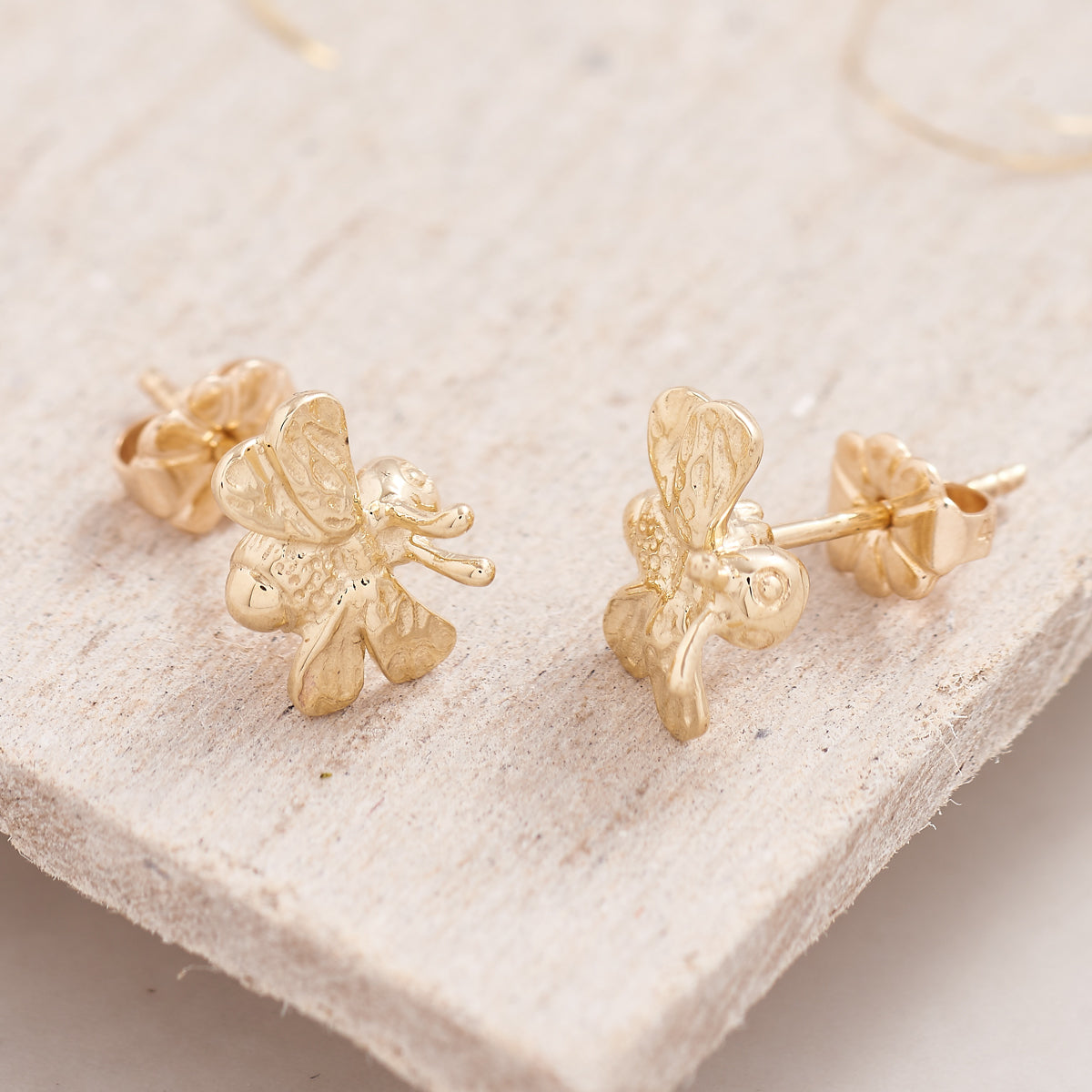 solid gold Bumble Bee stud earrings from award winning designer Scarlett Jewellery