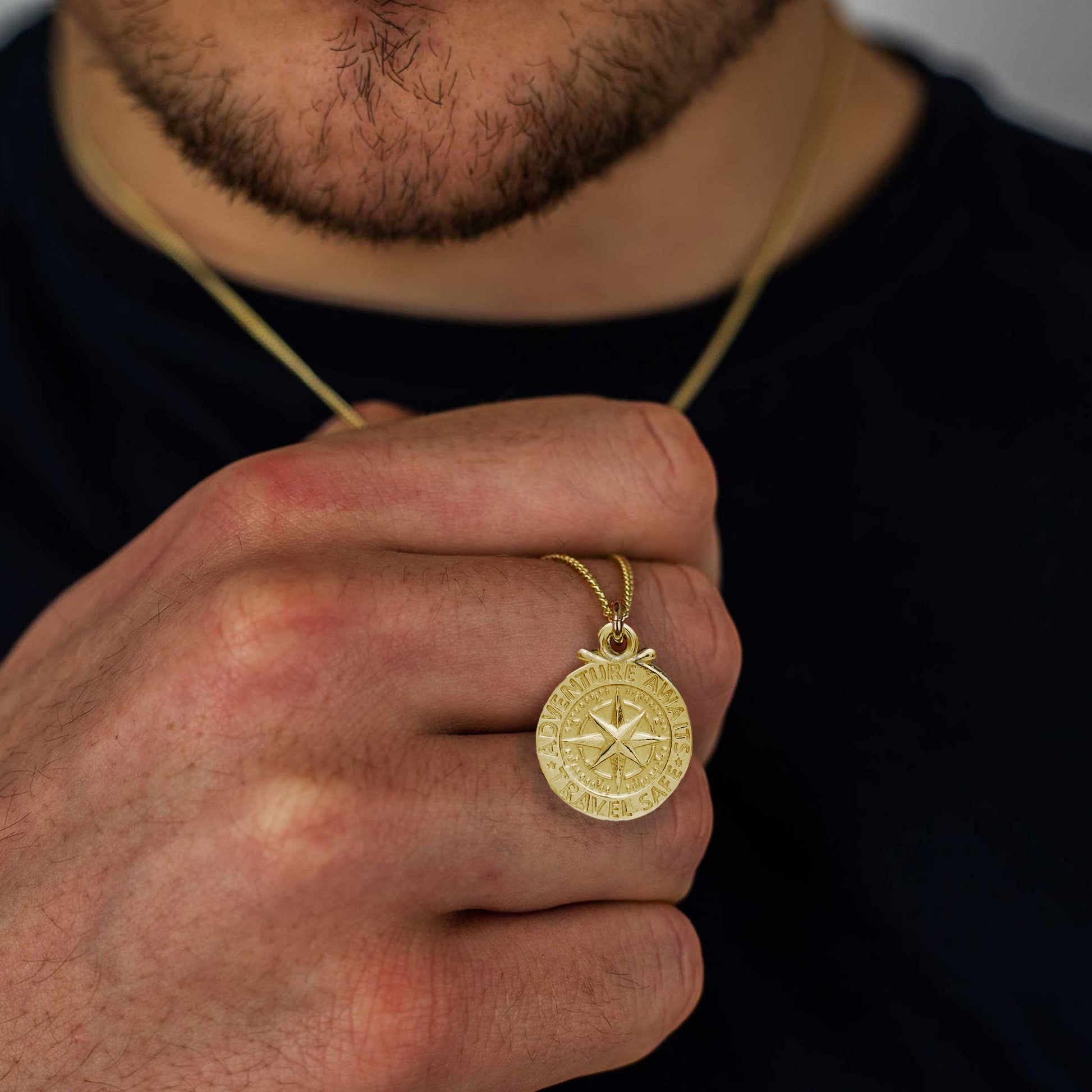 solid gold 20mm compass necklace travel safe on light weight curb chain 1mm