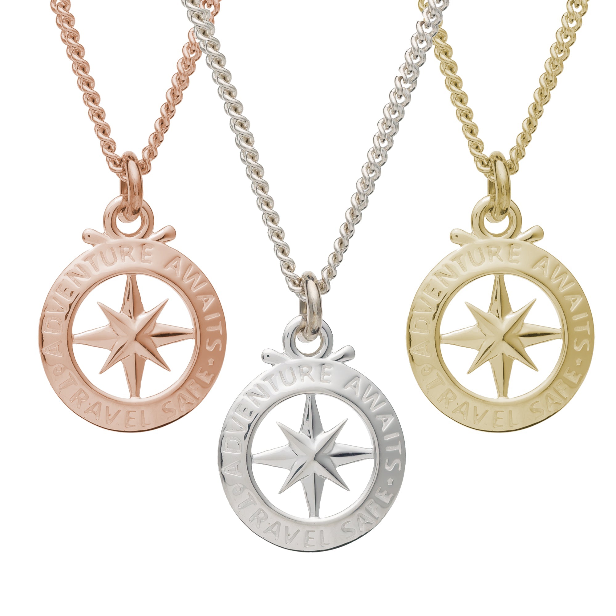 Collier en argent plaqué or avec boussole de contour sécurisé de voyage