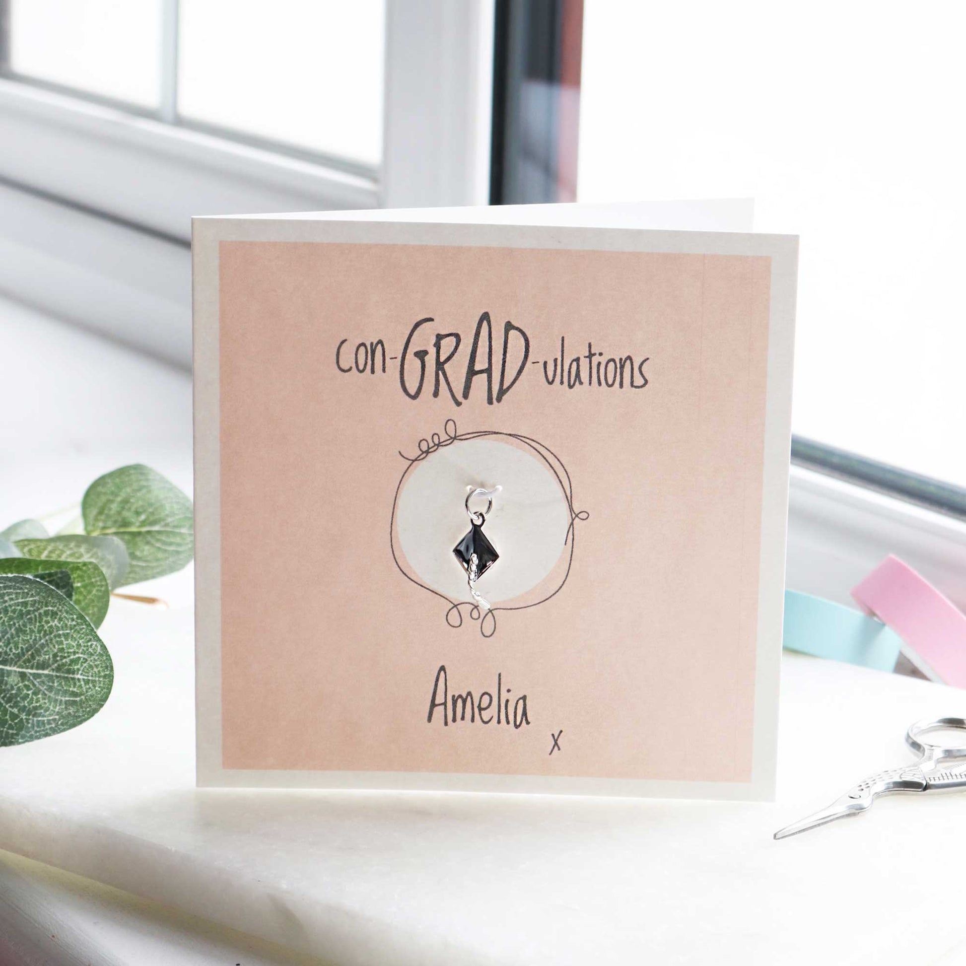 Mortar Board Charm Personalised Graduation Gift Card Scarlett Jewellery