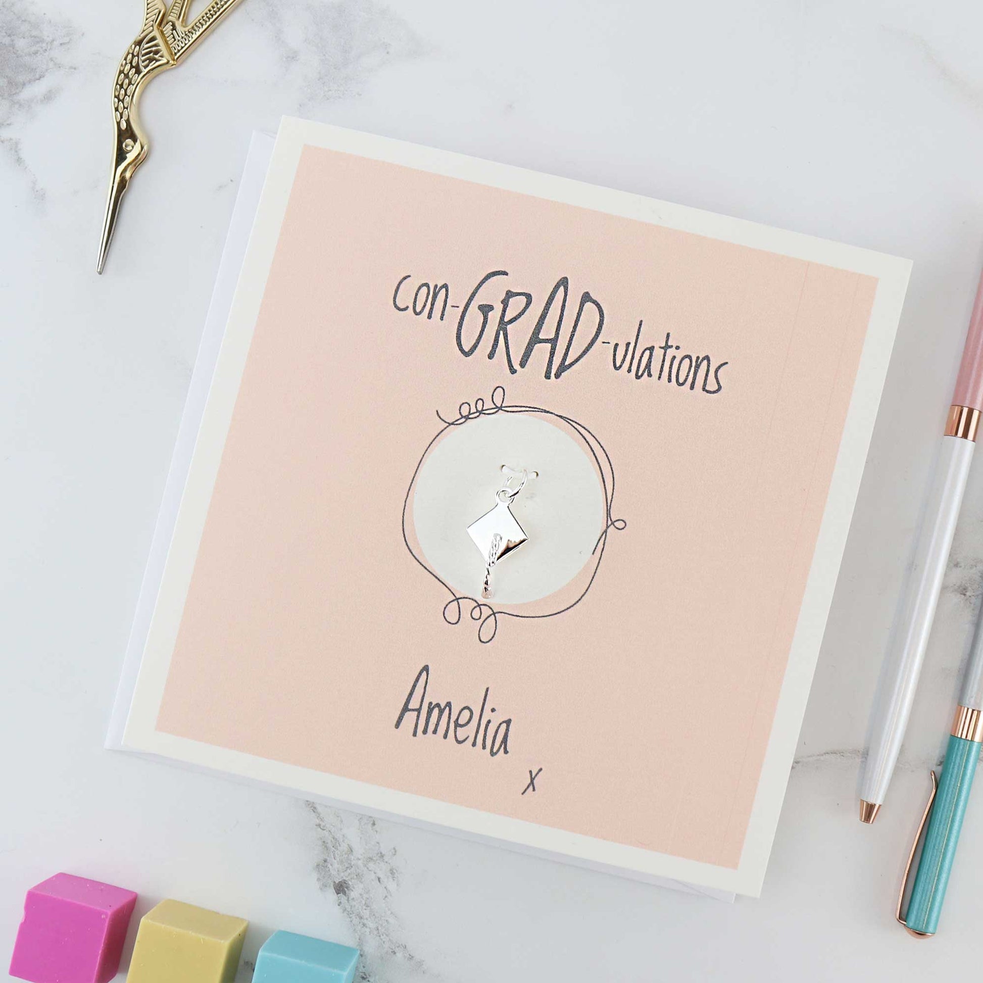 Mortar Board Charm Personalised Graduation Gift Card Scarlett Jewellery