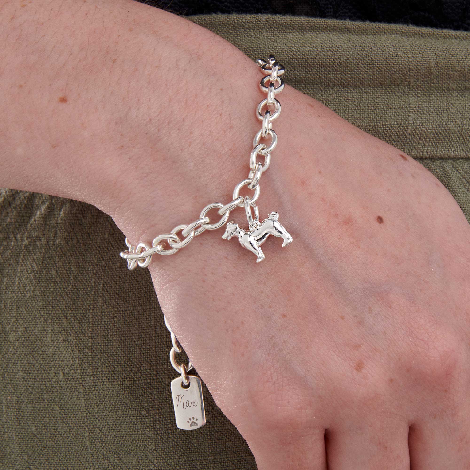 jack russell silver charm bracelet with personalised engraved dog tag scarlett jewellery