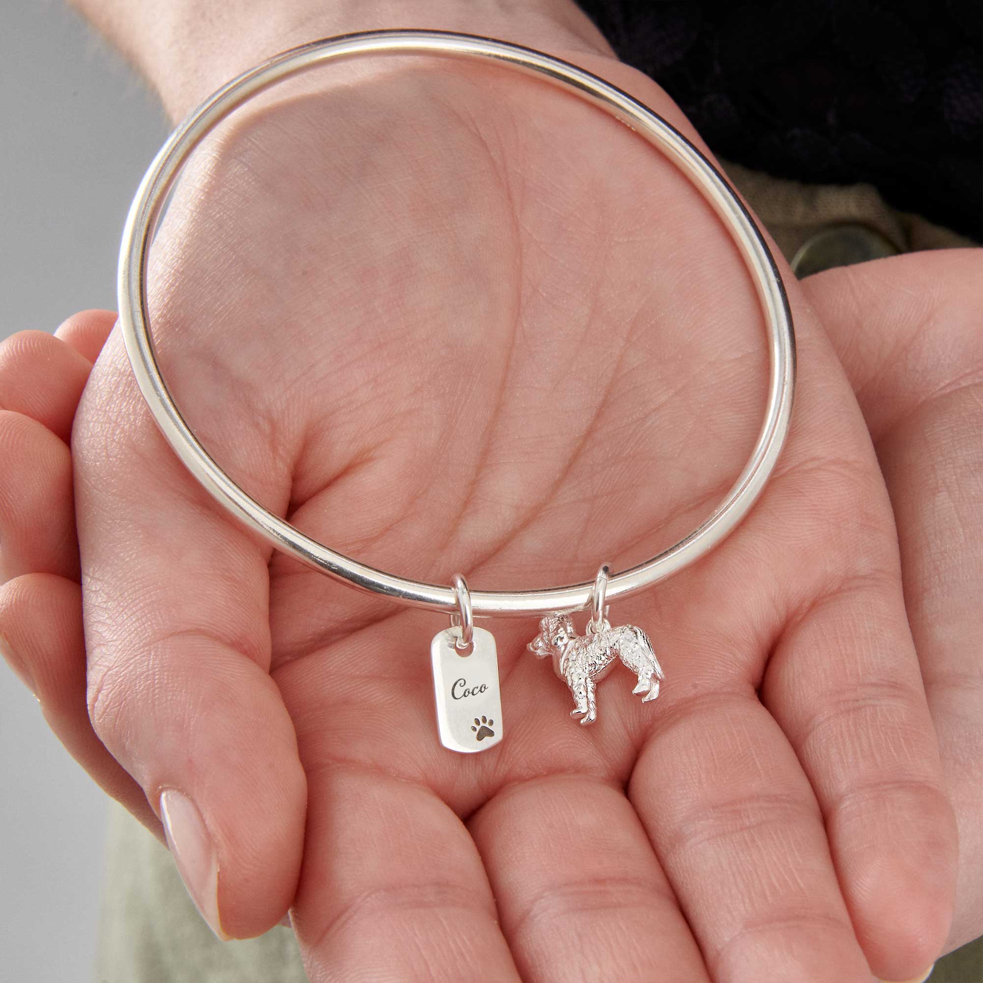 personalised labradoodle dog silver charm bangle sterling silver made in UK Scarlett Jewellery