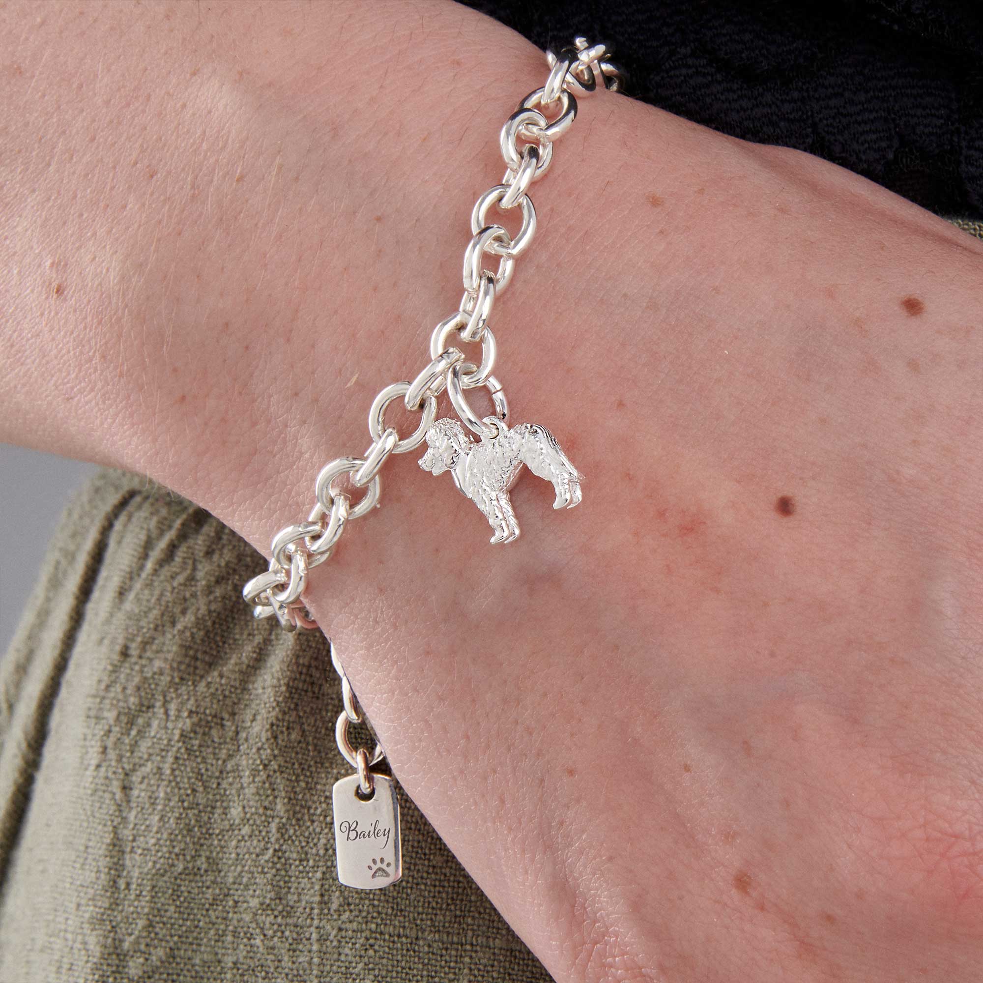 labradoodle silver charm bracelet with personalised engraved dog tag scarlett jewellery