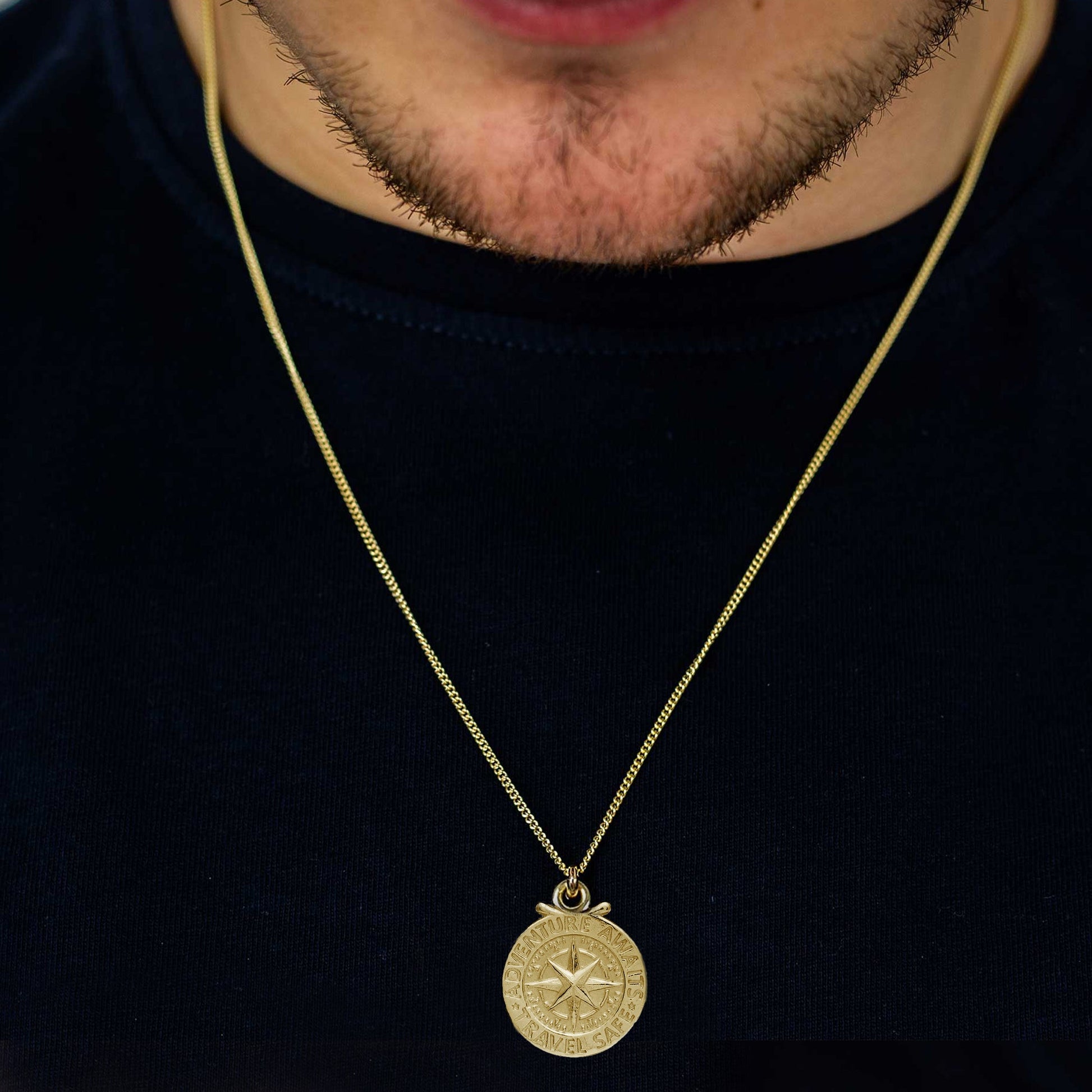 solid gold 20mm compass necklace travel safe on light weight curb chain 1mm