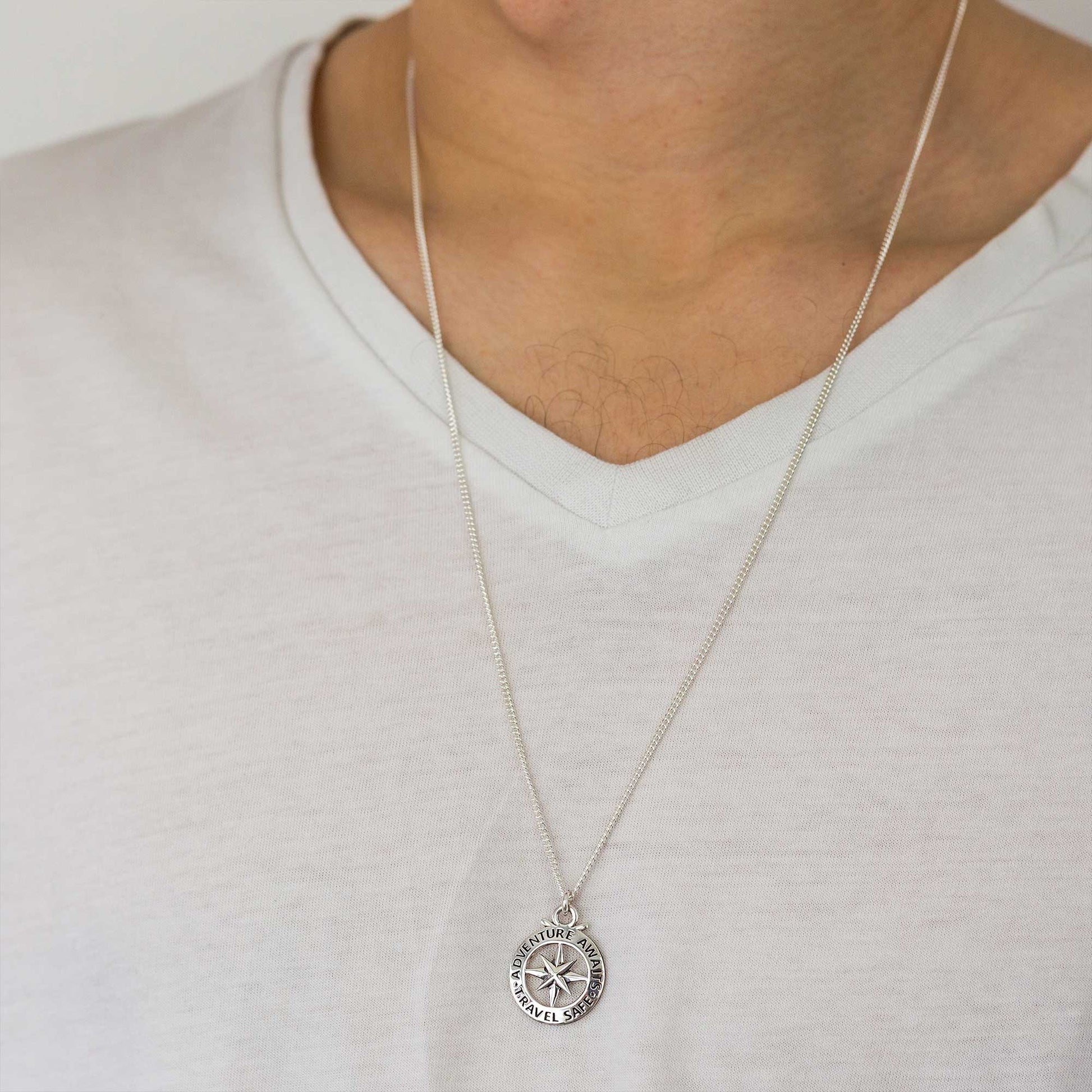 Silver large outline compass st christopher necklace