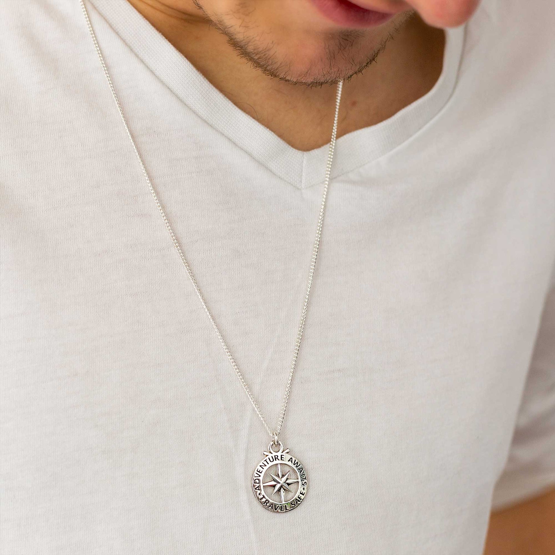 Silver large outline compass st christopher necklace