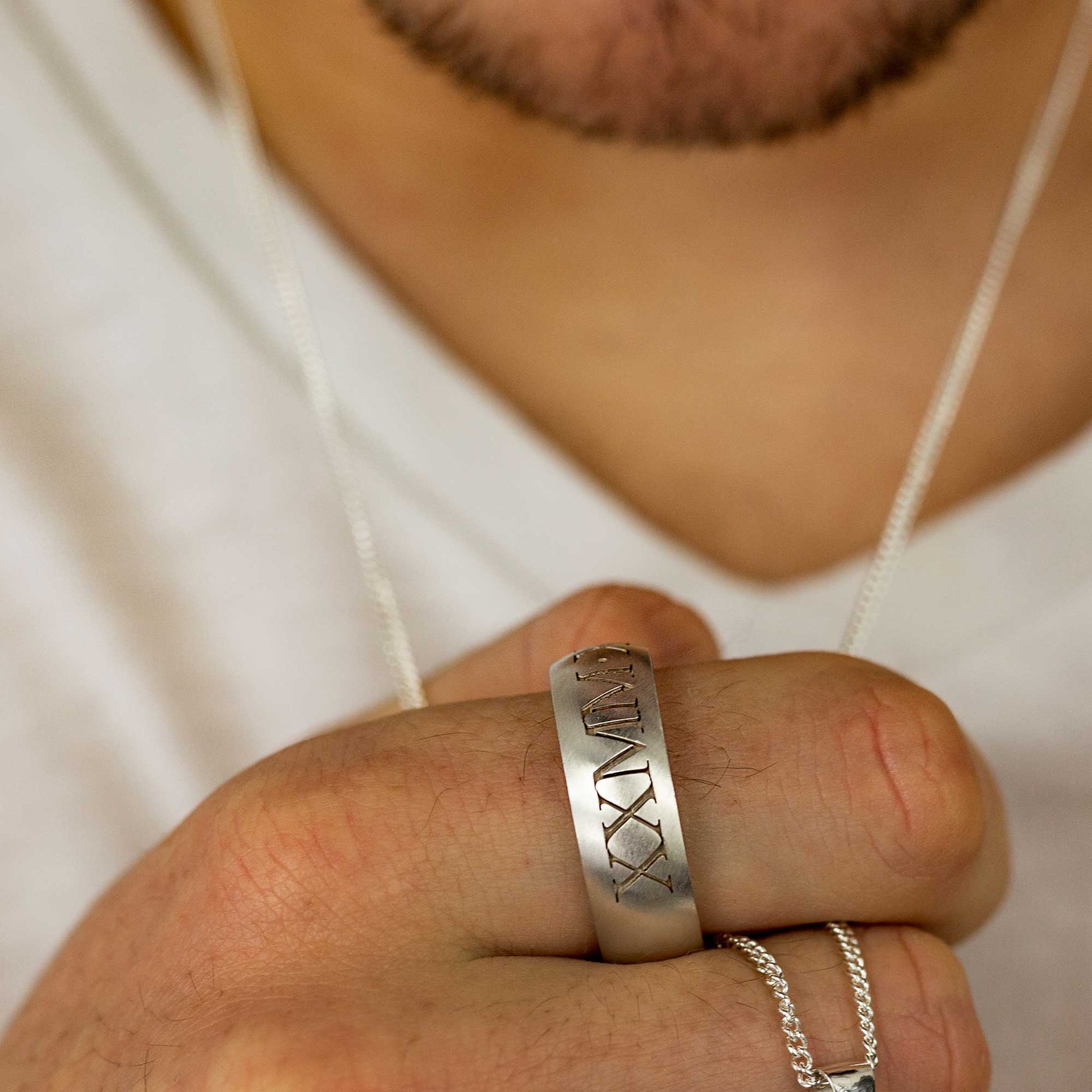 custom date mens silver ring engraved roman numerals