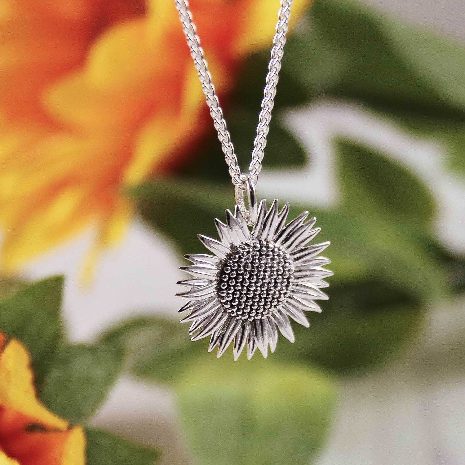 large sterling silver sunflower pendant necklace scarlett jewellery uk