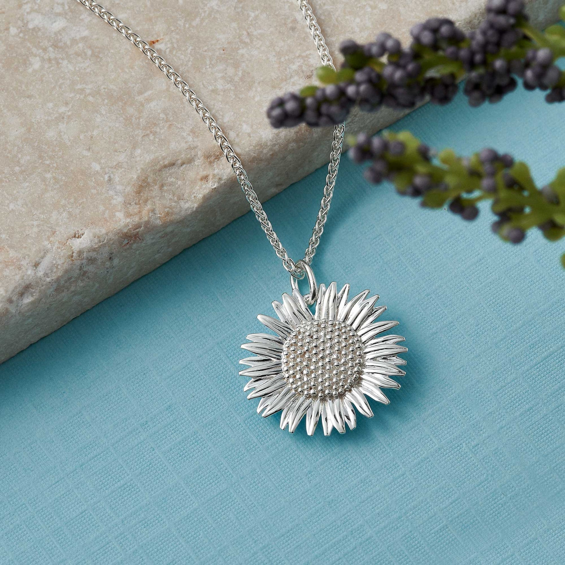 large sterling silver sunflower pendant necklace scarlett jewellery uk