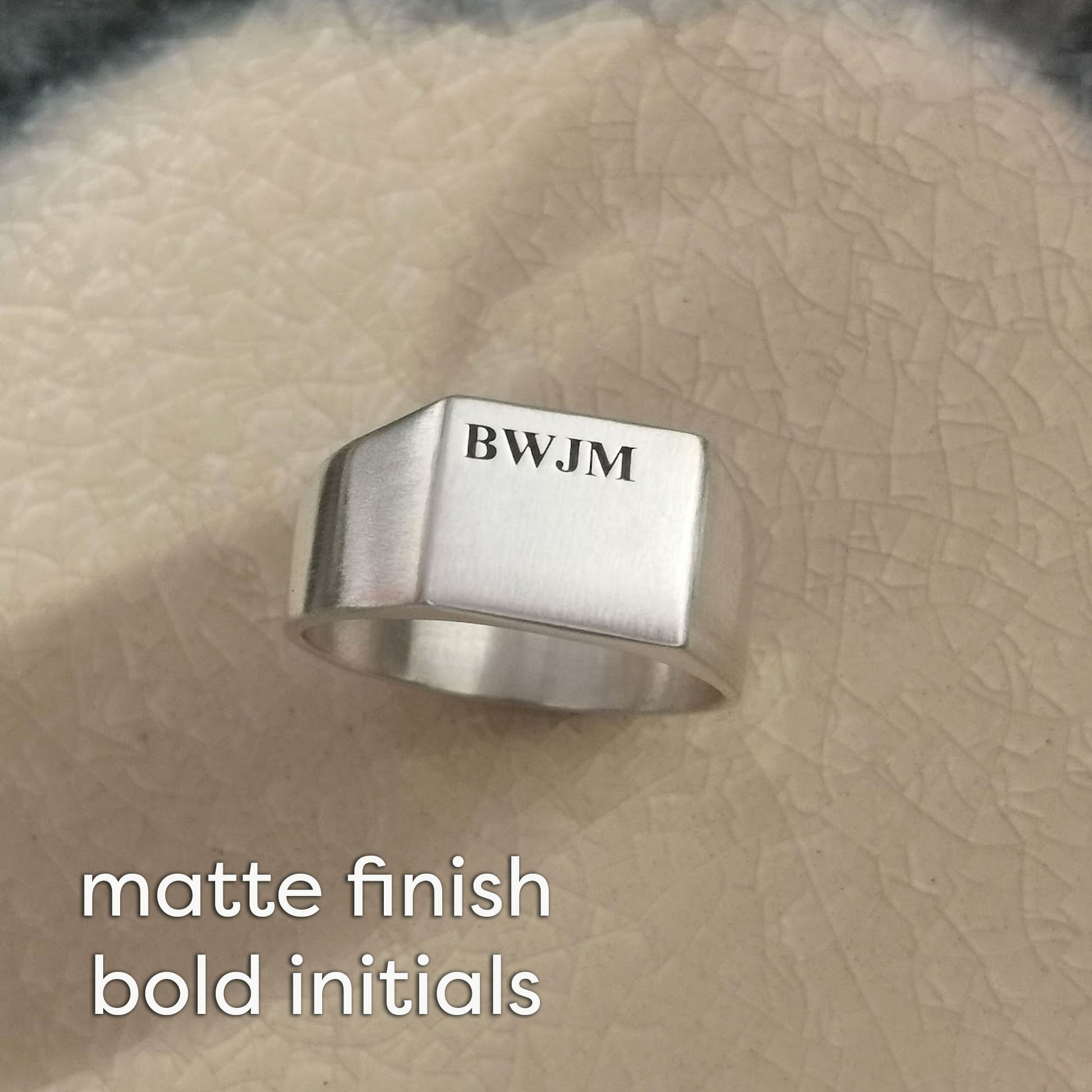 large silver mens initials signet ring engraved off the map scarlett jewellery