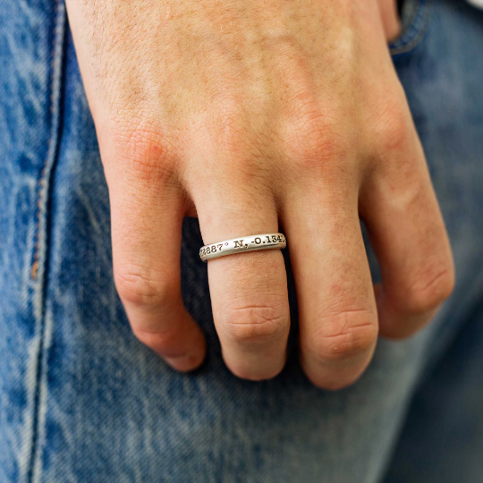 sterling silver matte finish ring engraved with latitude longitude coordinates by off the map jewellery