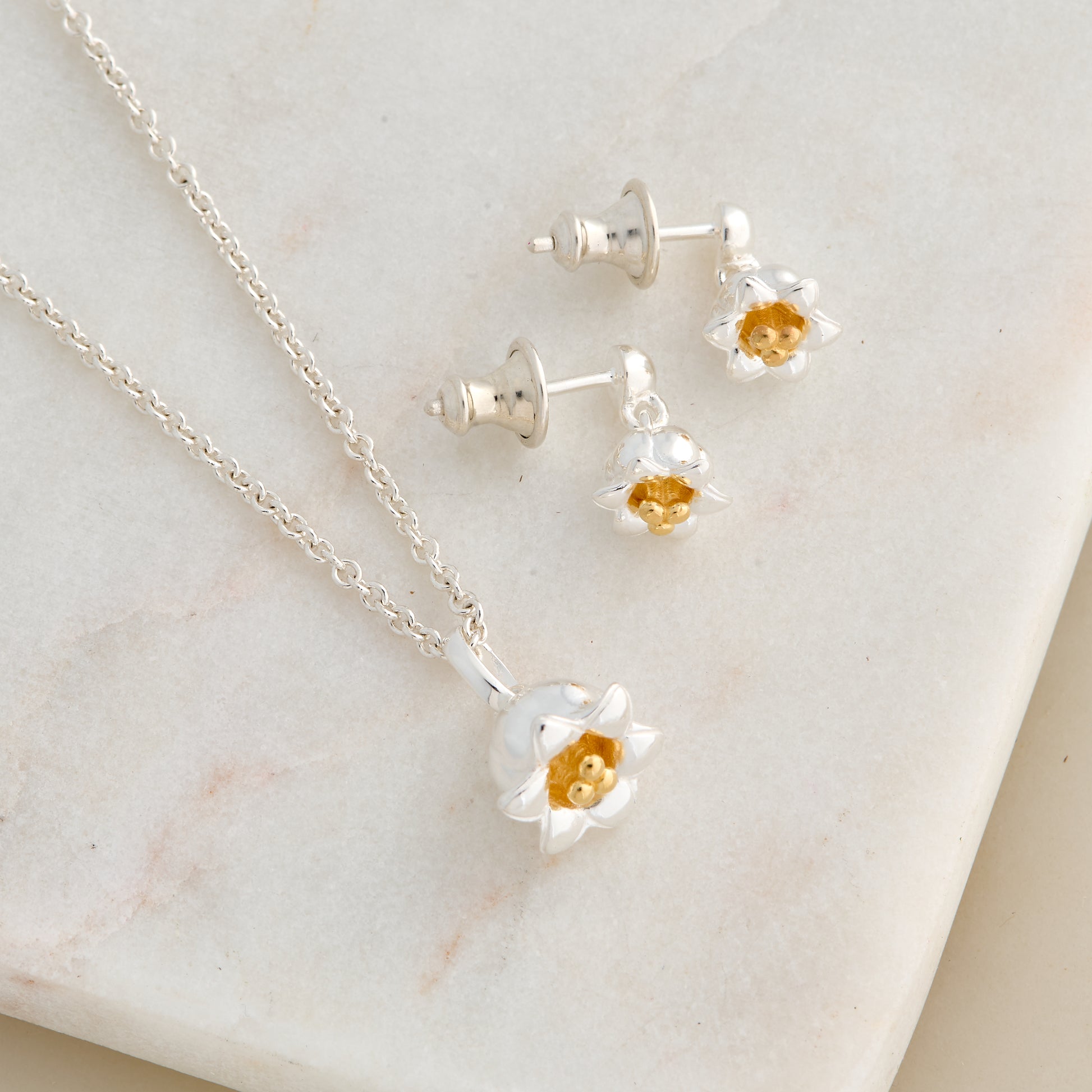 drop earrings lily of the valley silver and gold vermeil with matching necklace