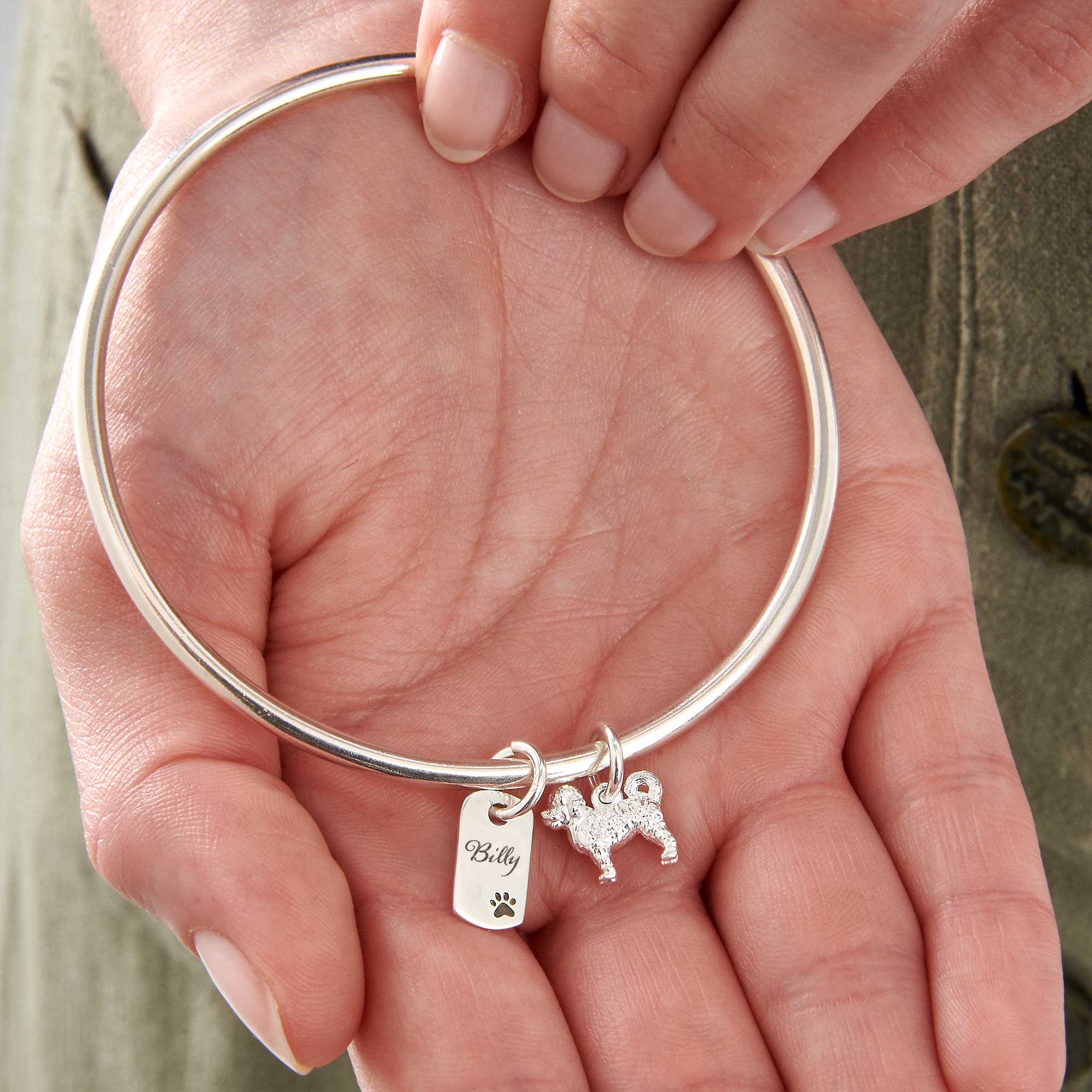 personalised maltipoo jewellery gift silver charm bangle sterling silver made in UK Scarlett Jewellery